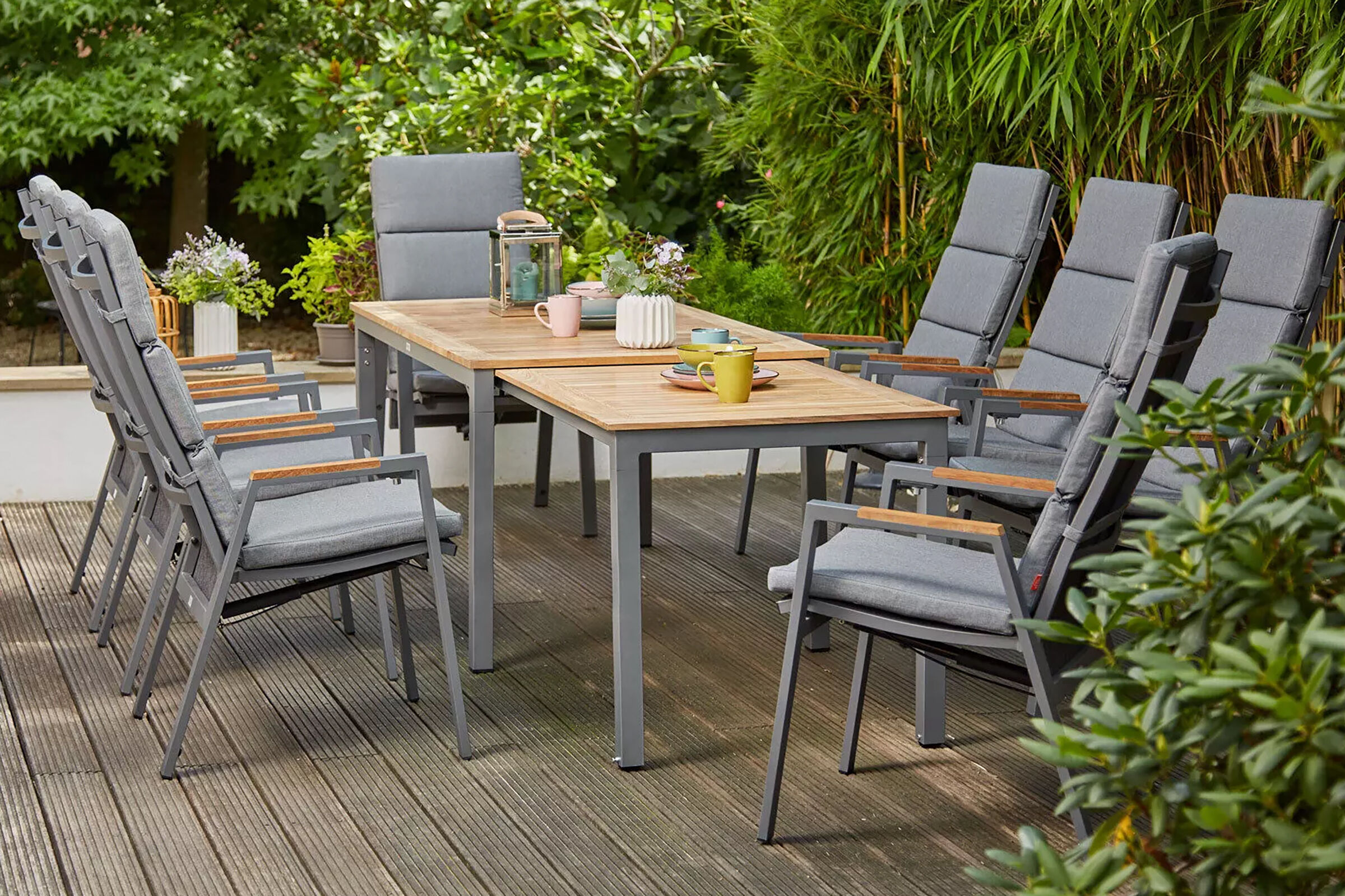 SIENA GARDEN Savona/Geneva Garten-Essgruppe, graphit/grau, Alu/Teak/Texfabric, Tisch 160/260×90 cm, 8 Stapelsessel