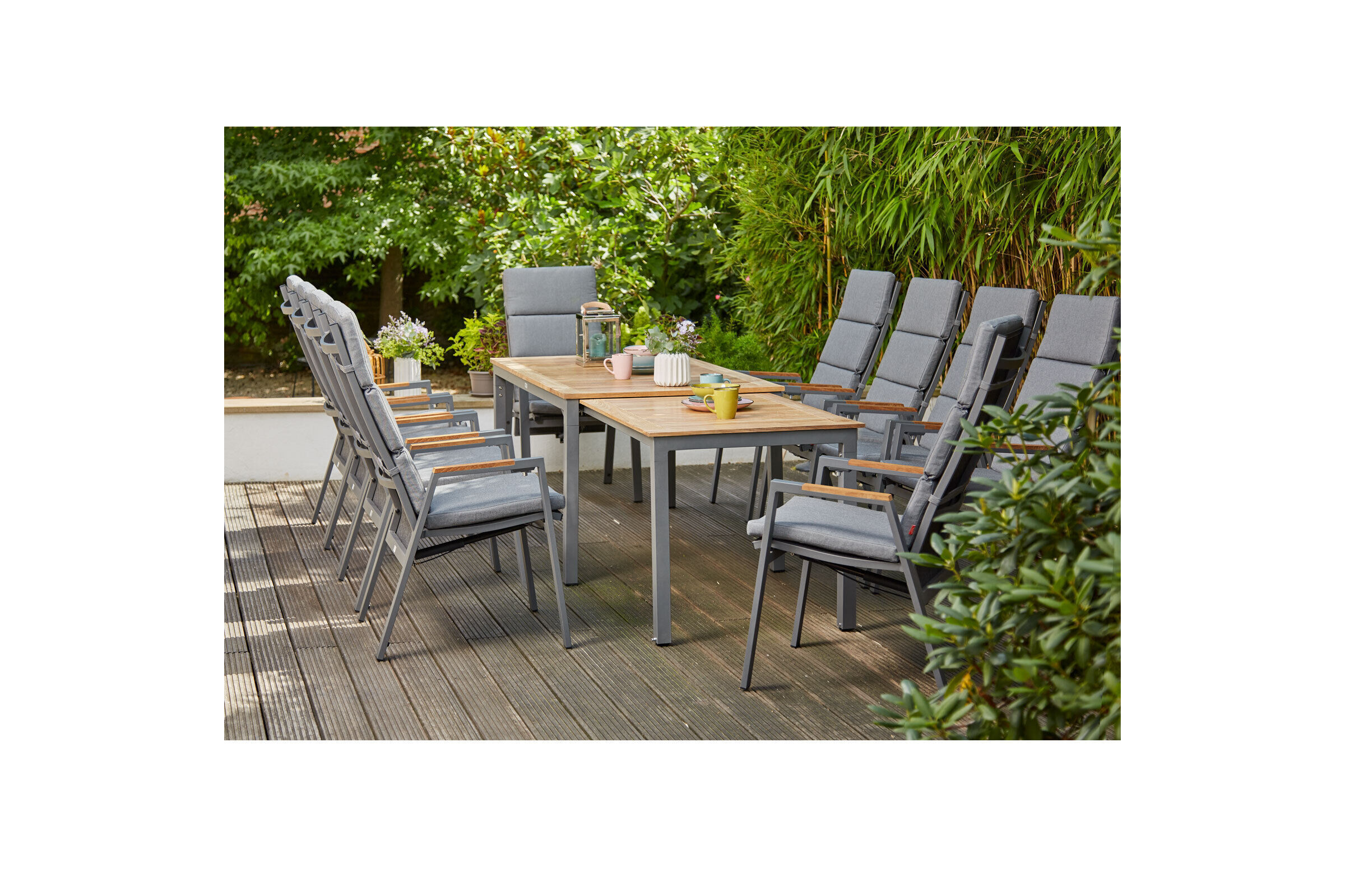 SIENA GARDEN Savona/Geneva Garten-Essgruppe, graphit/grau, Alu/Teak/Texfabric, Tisch 160/260×90 cm, 10 Stapelsessel