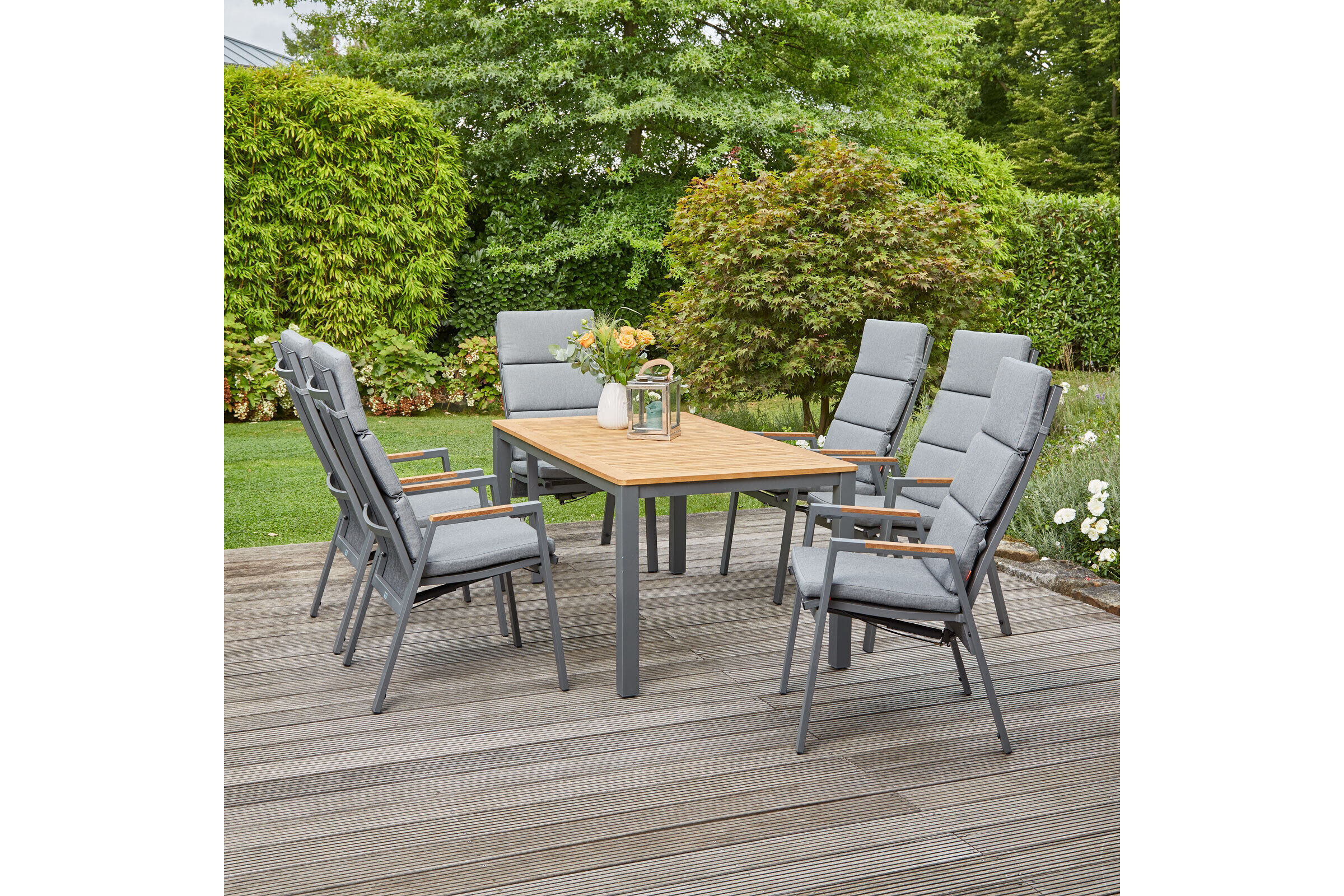 SIENA GARDEN Savona/Geneva Garten-Essgruppe, graphit/grau, Alu/Teak/Texfabric, Tisch 160×90 cm, 6 Stapelsessel