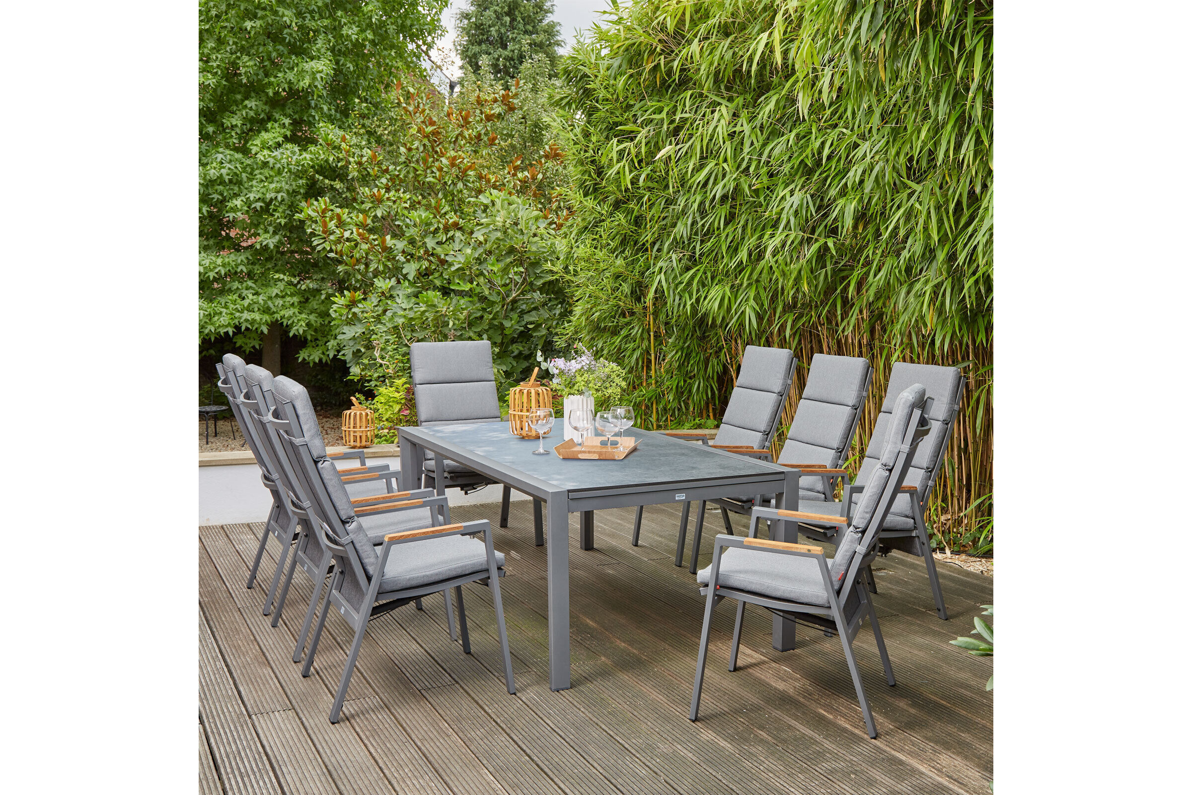 SIENA GARDEN Savona/Kingston Garten-Essgruppe, matt graphit/grau/slate look, Alu/Teak/Keramik/Texfabric, Tisch 220/340×108 cm, 8 Stapelsessel