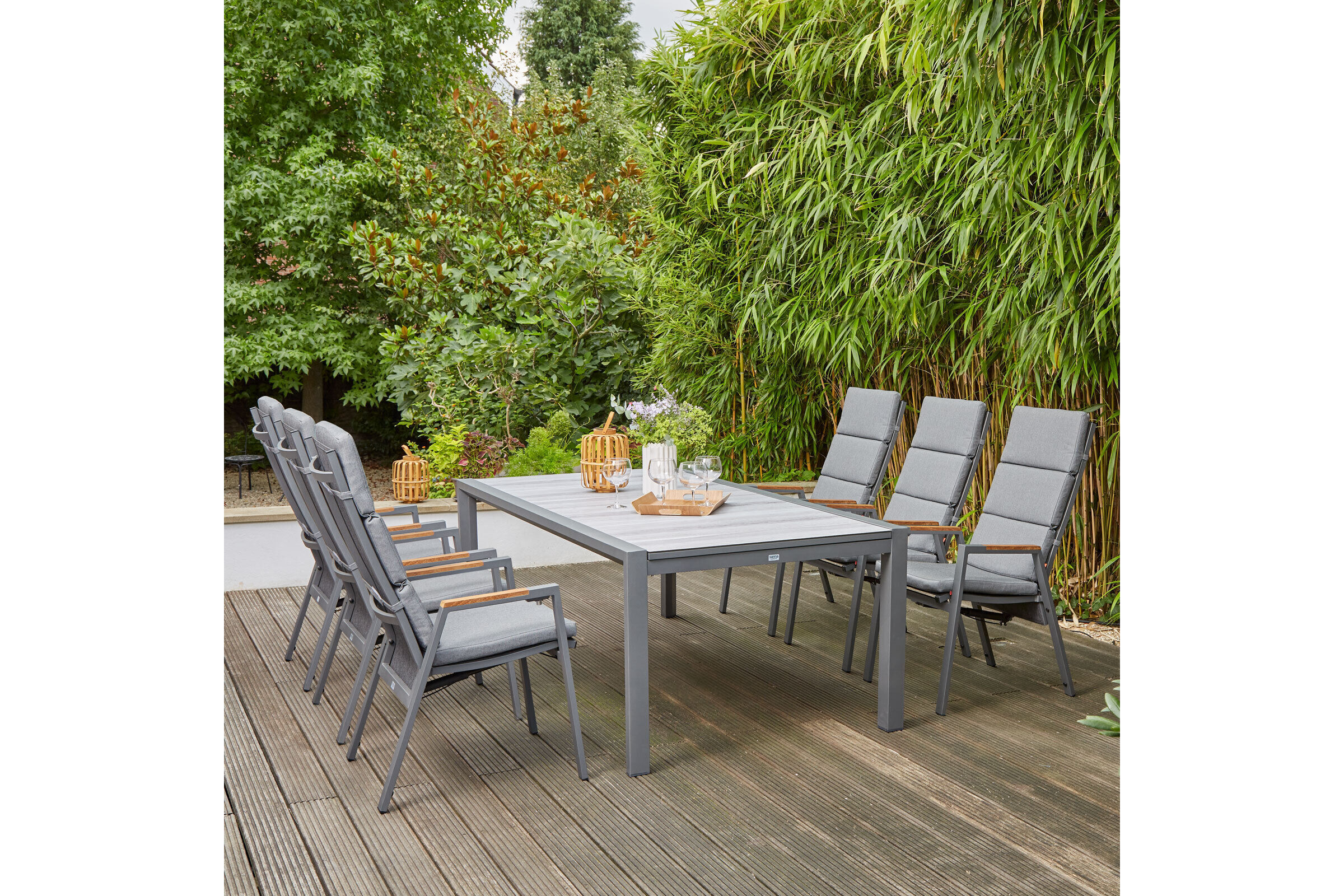 SIENA GARDEN Savona/Kingston Garten-Essgruppe, matt graphit/grau/wood look, Alu/Teak/Keramik/Texfabric, Tisch 220/340×108 cm, 6 Stapelsessel