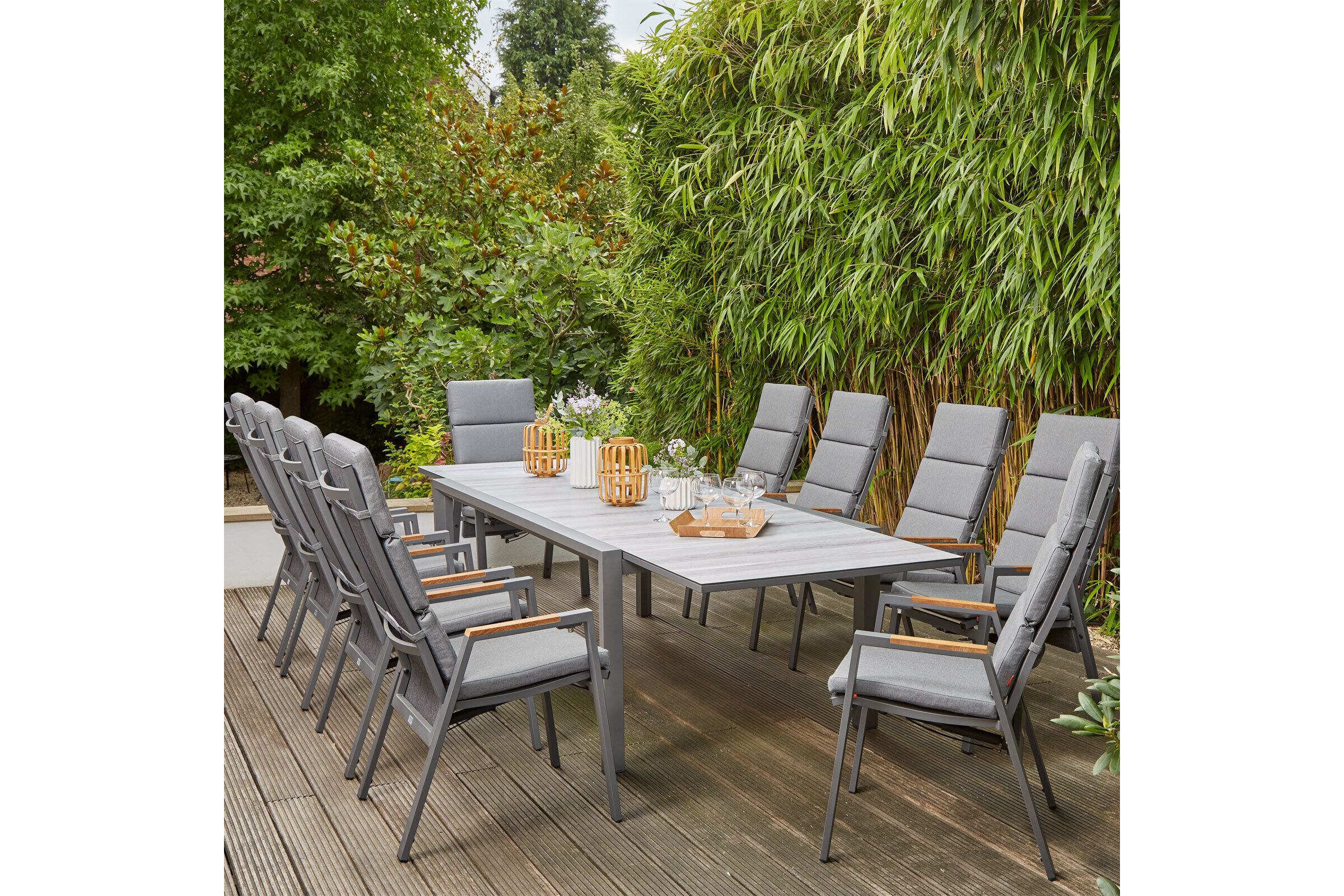 SIENA GARDEN Savona/Kingston Garten-Essgruppe, matt graphit/grau/wood look, Alu/Teak/Keramik/Texfabric, Tisch 220/340×108 cm, 10 Stapelsessel