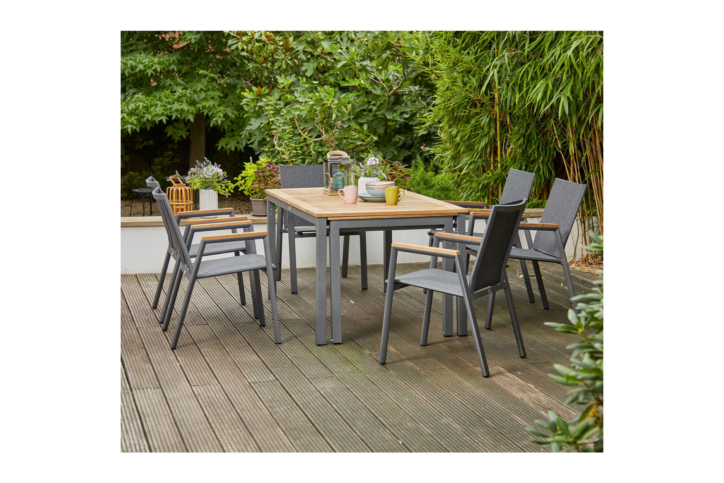 SIENA GARDEN Gomera II/Geneva Garten-Essgruppe, graphit/grau, Alu/Teak/Texfabric, Tisch 160/260×90 cm, 6 Stapelsessel