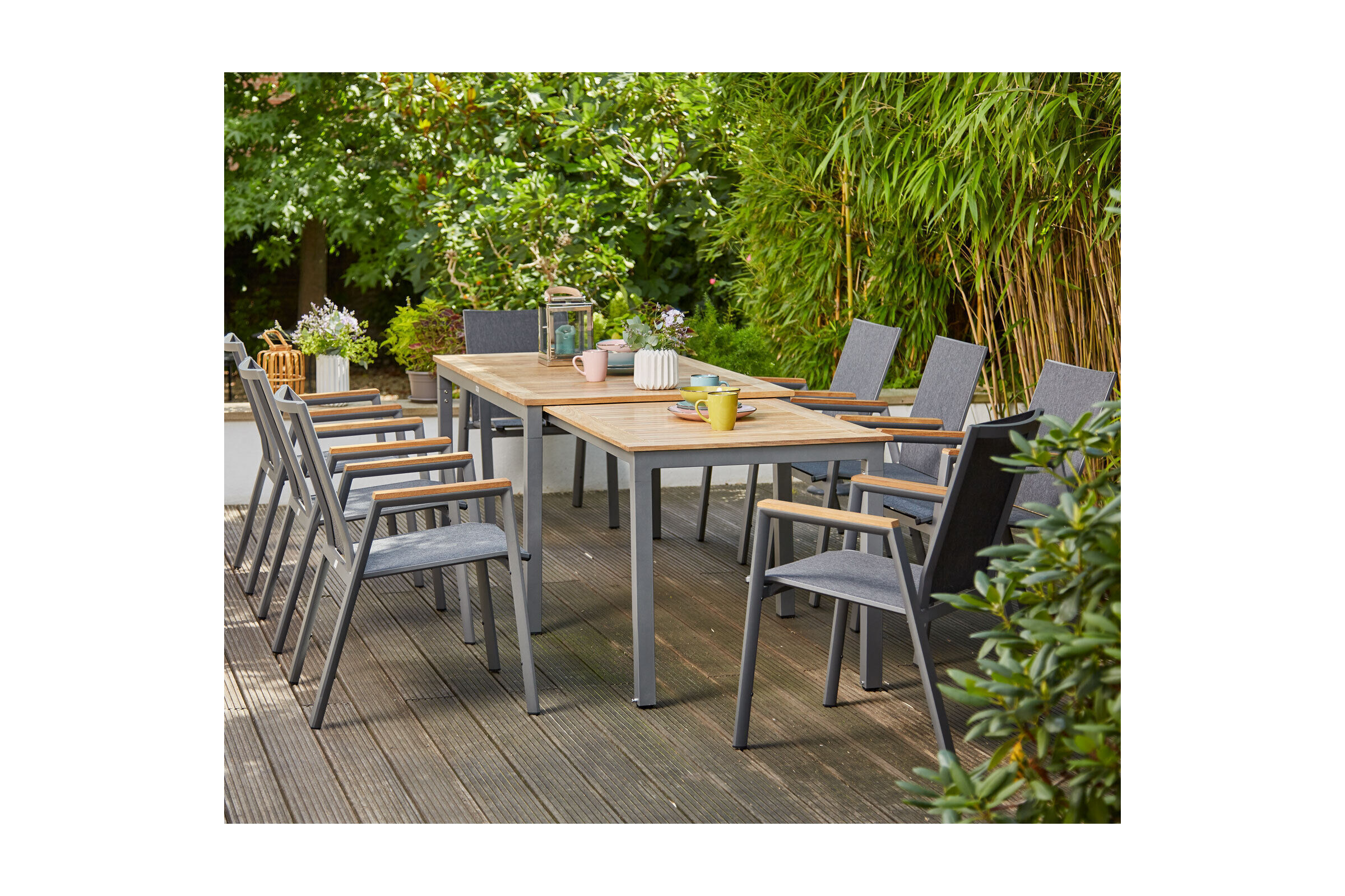 SIENA GARDEN Gomera II/Geneva Garten-Essgruppe, graphit/grau, Alu/Teak/Texfabric, Tisch 160/260×90 cm, 8 Stapelsessel