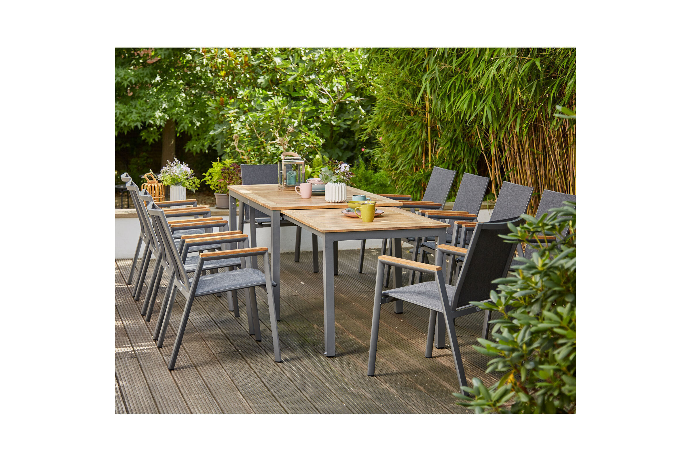 SIENA GARDEN Gomera II/Geneva Garten-Essgruppe, graphit/grau, Alu/Teak/Texfabric, Tisch 160/260×90 cm, 10 Stapelsessel