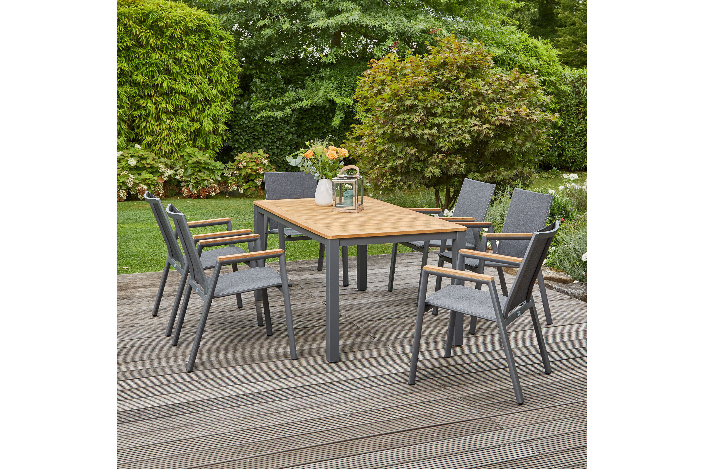 SIENA GARDEN Gomera II/Geneva Garten-Essgruppe, graphit/grau, Alu/Teak/Texfabric, Tisch 160×90 cm, 6 Stapelsessel