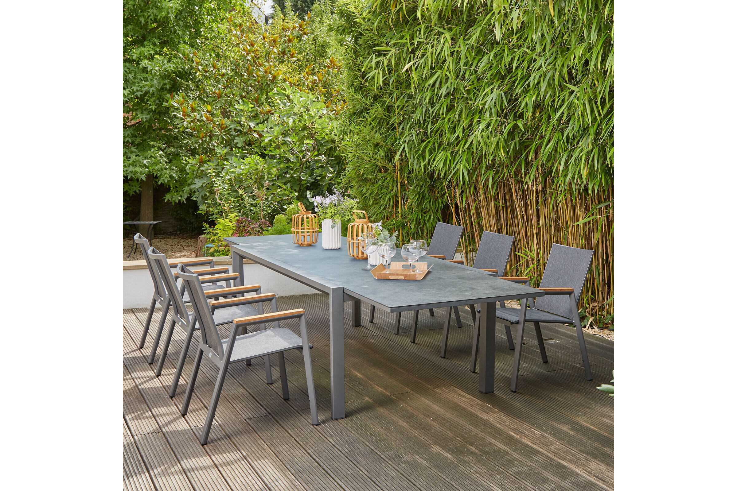 SIENA GARDEN Gomera II/Kingston Garten-Essgruppe, matt graphit/grau/slate look, Alu/Teak/Keramik/Texfabric, Tisch 220/340×108 cm, 6 Stapelsessel