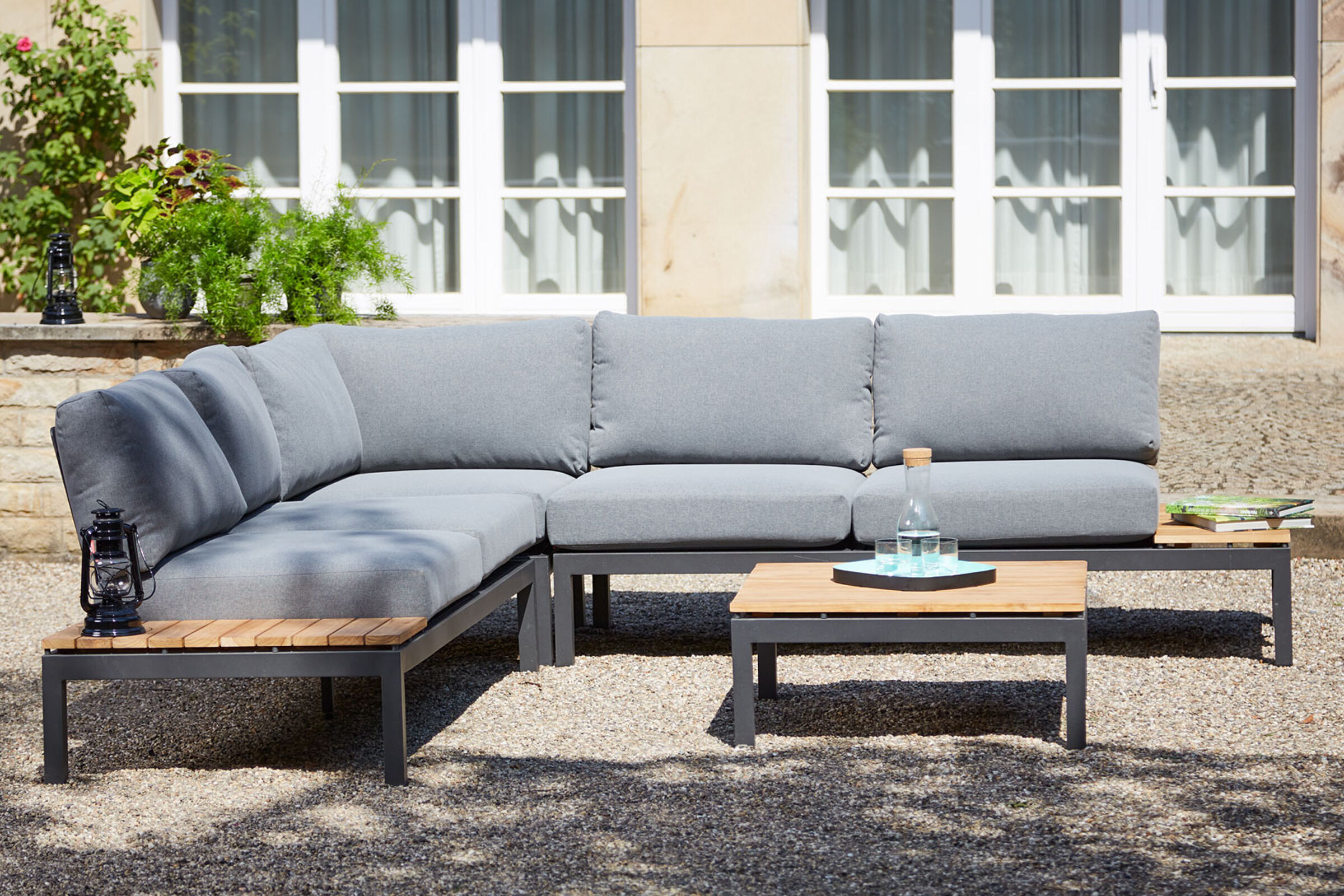 SIENA GARDEN Alvida Lounge Set, matt anthrazit/grau, Alu/Ranotex®-Gewebe/Teak, Tisch 74x74cm, inkl. Polster