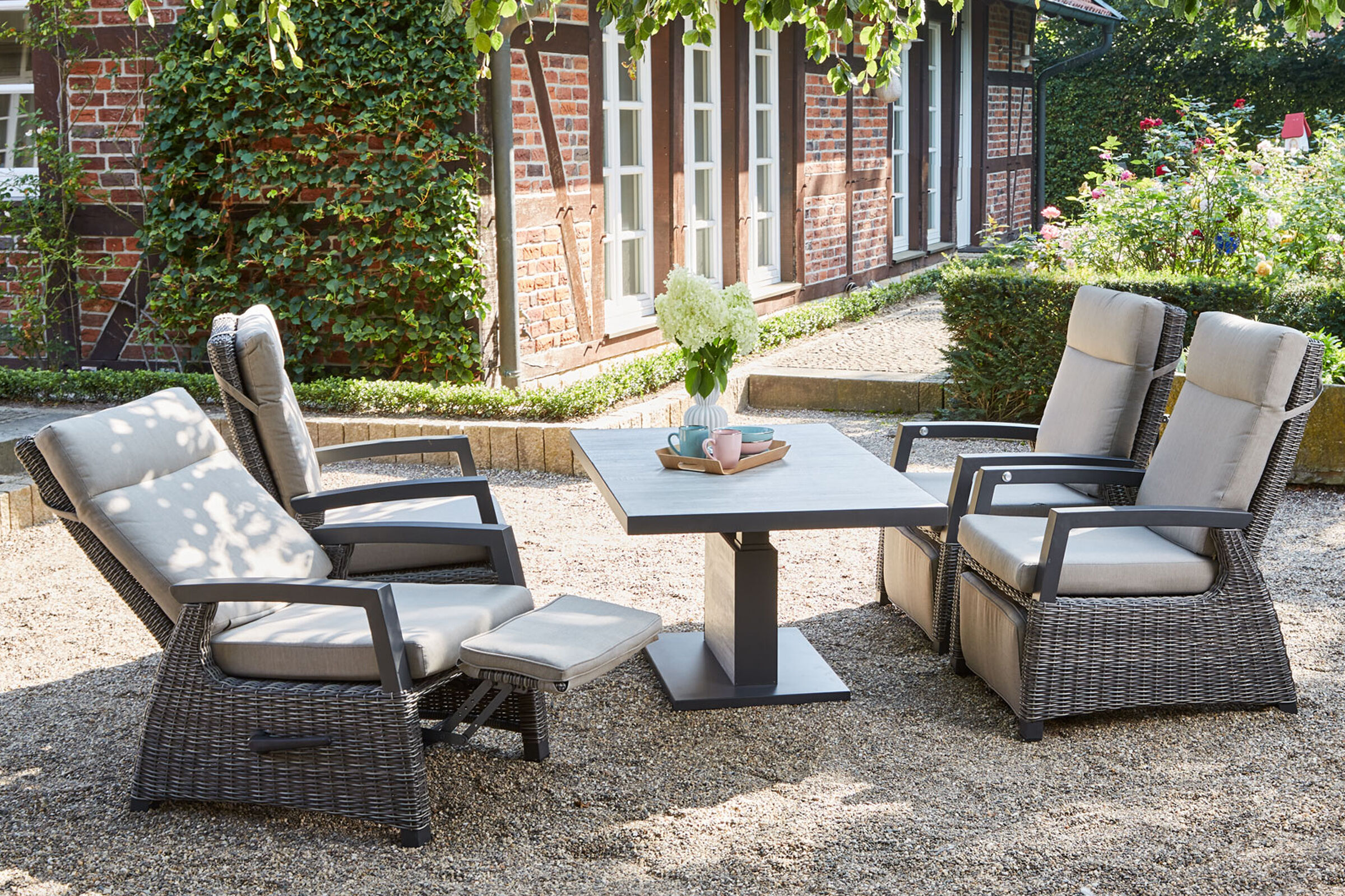 SIENA GARDEN Corido/Bellani Pinie Gartenlounge, charcoal/anthrazit/pinie-grau, Alu/Keramik/Gardino®-Geflecht, Lifttisch 140×85 cm, 4 Relaxsessel