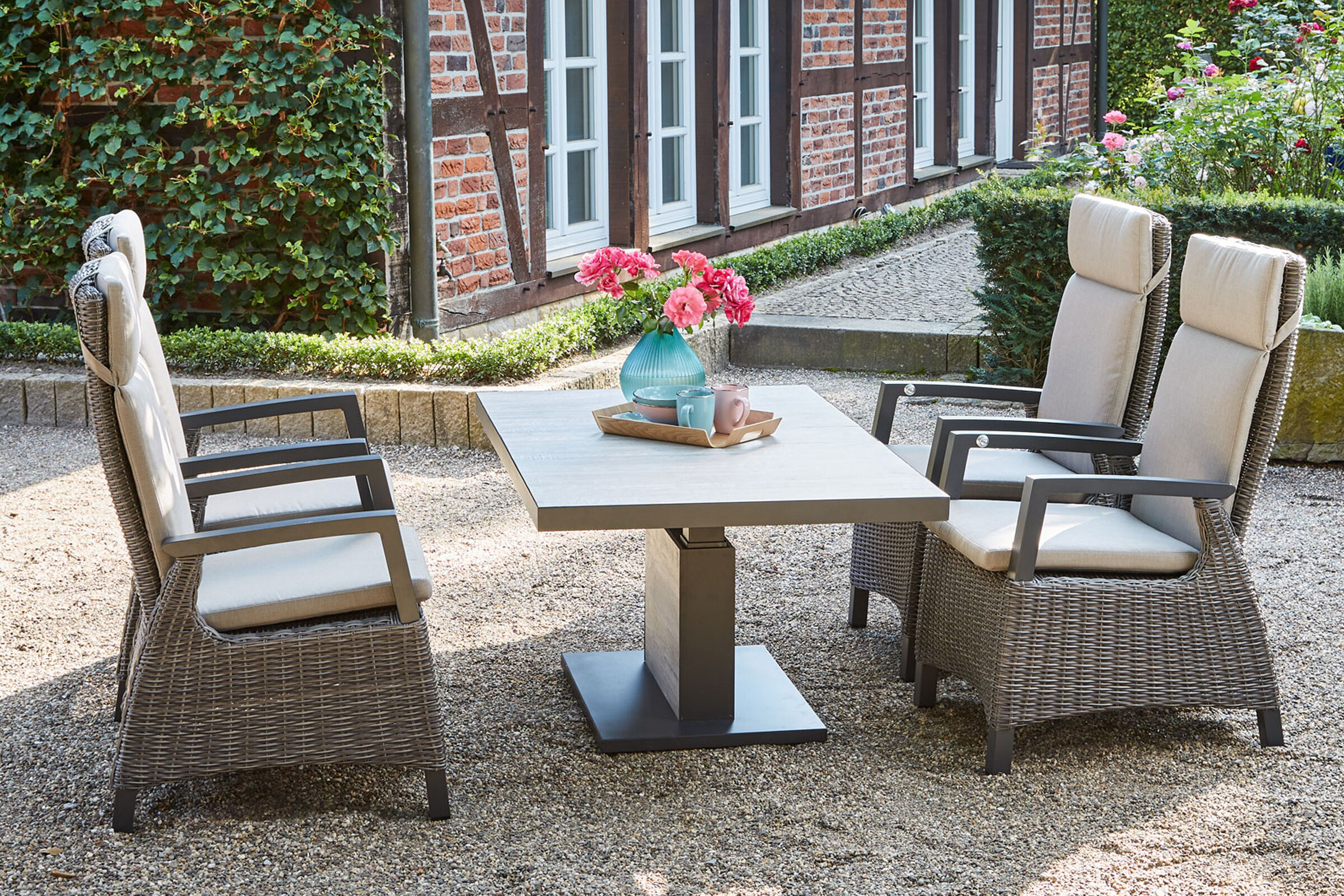 SIENA GARDEN Corido/Bellani Pinie Gartenlounge, charcoal/anthrazit/pinie-grau, Alu/Keramik/Gardino®-Geflecht, Lifttisch 140×85 cm, 4 Dining Move Sessel