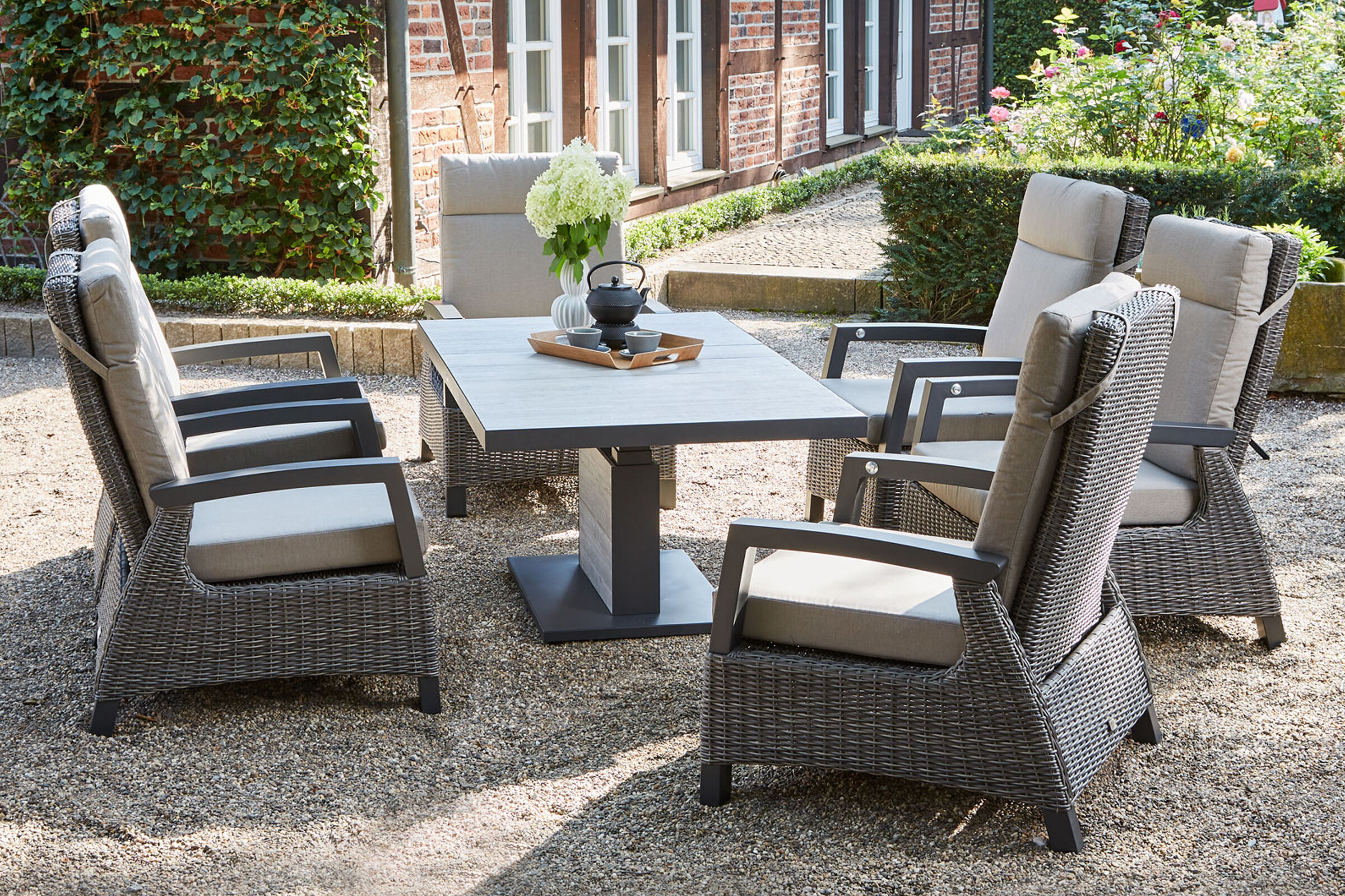 SIENA GARDEN Corido/Bellani Pinie Gartenlounge, charcoal/anthrazit/pinie-grau, Alu/Keramik/Gardino®-Geflecht, Lifttisch 160×90 cm, 6 Loungesessel