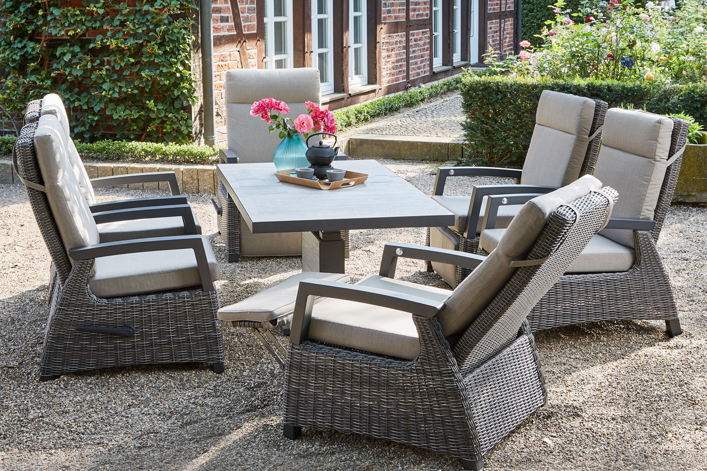 SIENA GARDEN Corido/Bellani Pinie Gartenlounge, charcoal/anthrazit/pinie-grau, Alu/Keramik/Gardino®-Geflecht, Lifttisch 160×90 cm, 6 Relaxsessel