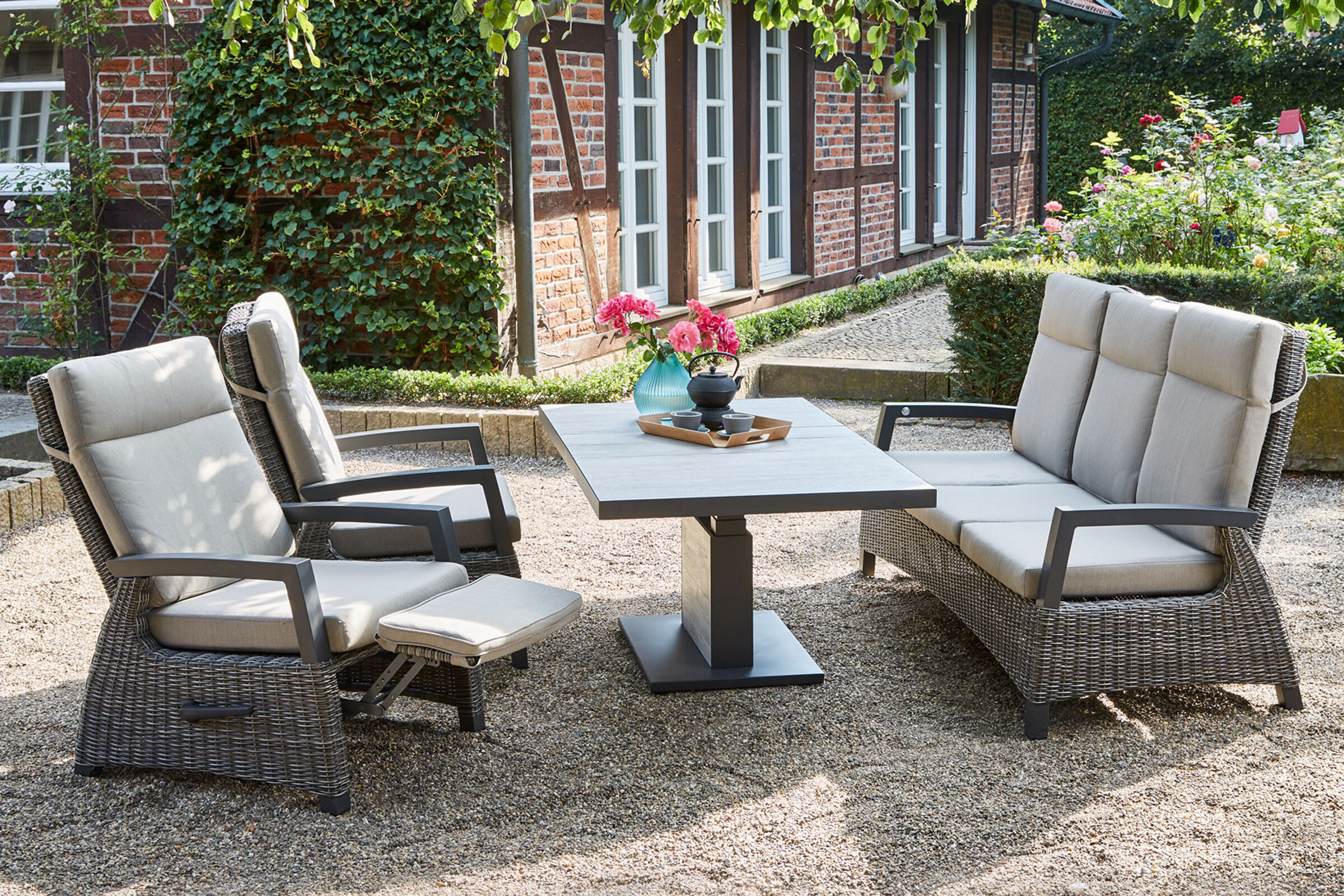 SIENA GARDEN Corido/Bellani Pinie Gartenlounge, charcoal/anthrazit/pinie-grau, Alu/Gardino®-Geflecht, Lifttisch 160×90 cm, 3-Sitzer, 2x Relaxsessel