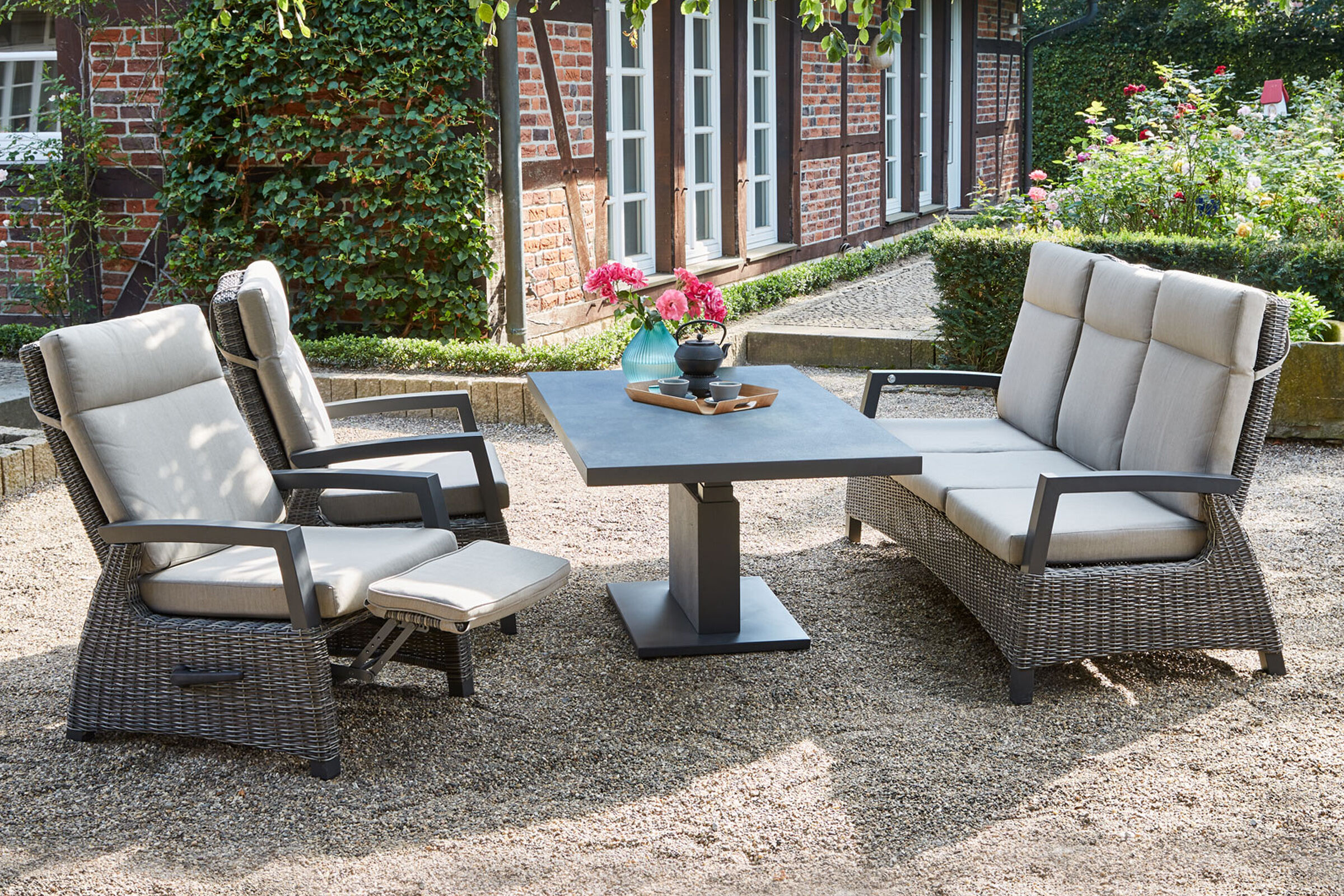 SIENA GARDEN Corido/Bellani Grau Gartenlounge, charcoal/anthrazit/grau, Alu/Gardino®-Geflecht, Lifttisch 160x90cm, 1x 3-Sitzer, 2x Relaxessel