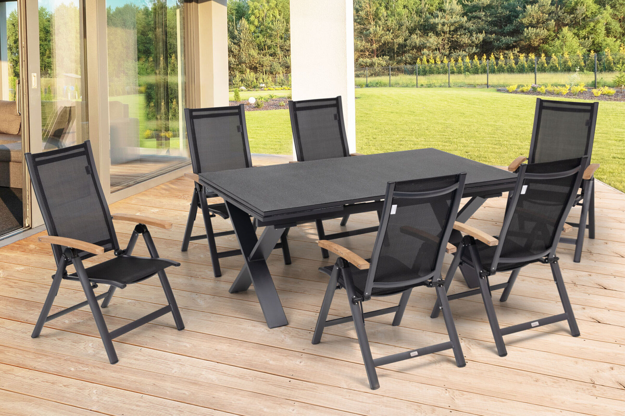 OUTFLEXX Garten-Essgruppe, OUTFLEXX® anthrazit matt, Alu / Spraystone / Teak, Tisch 180/280x100cm, 6 Multipositionssessel