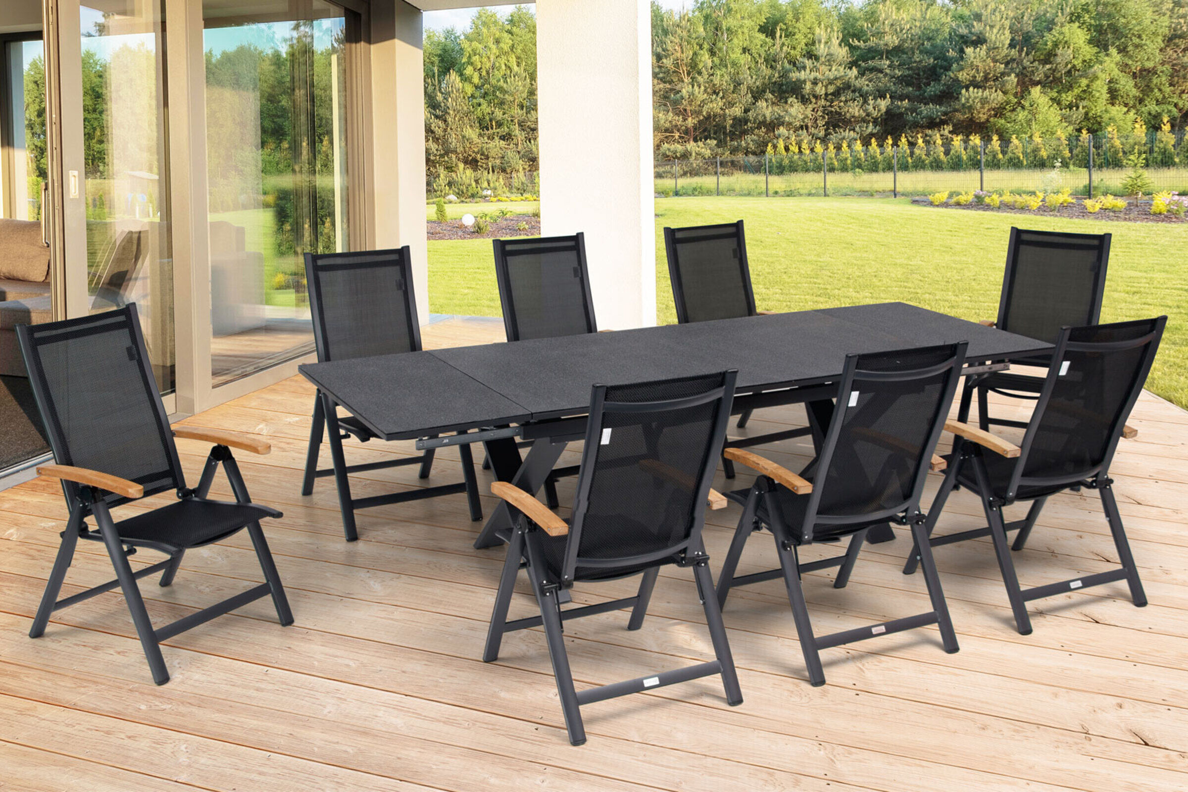 OUTFLEXX Garten-Essgruppe, OUTFLEXX® anthrazit matt, Alu / Spraystone / Teak, Tisch 180/280x100cm, 8 Multipositionssessel