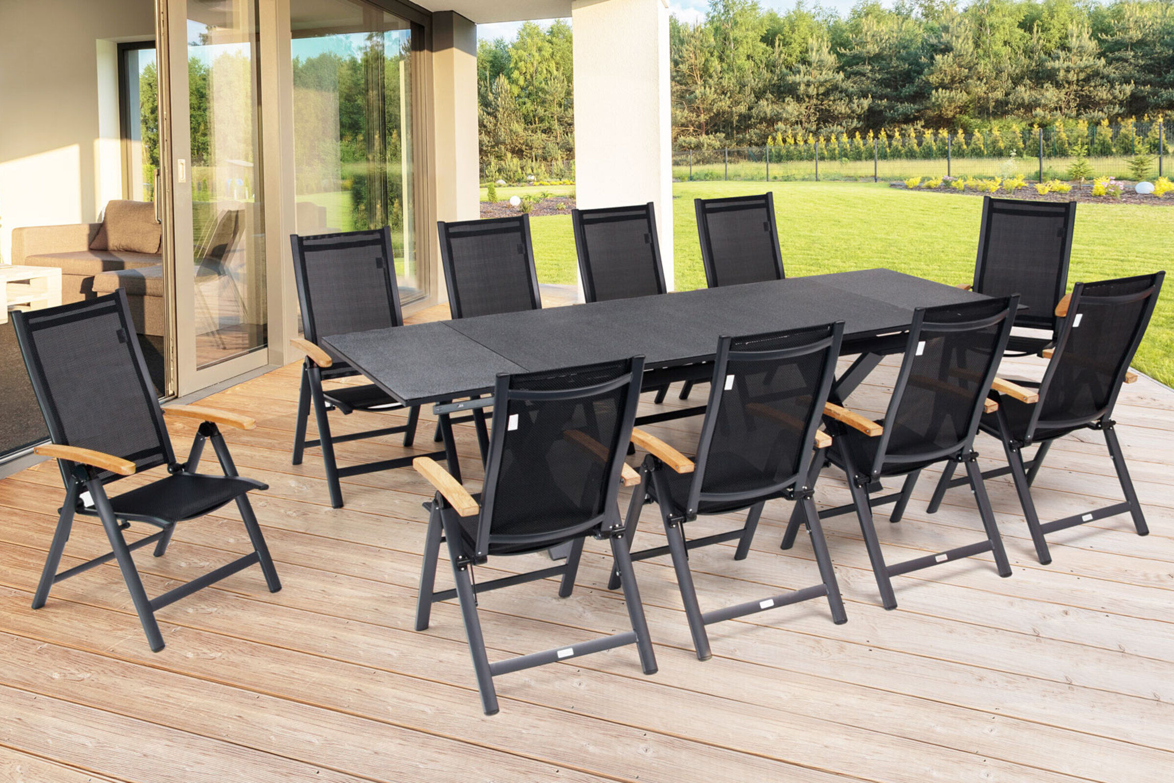 OUTFLEXX Garten-Essgruppe, OUTFLEXX® anthrazit matt, Alu / Spraystone / Teak, Tisch 180/280x100cm, 10 Multipositionssessel