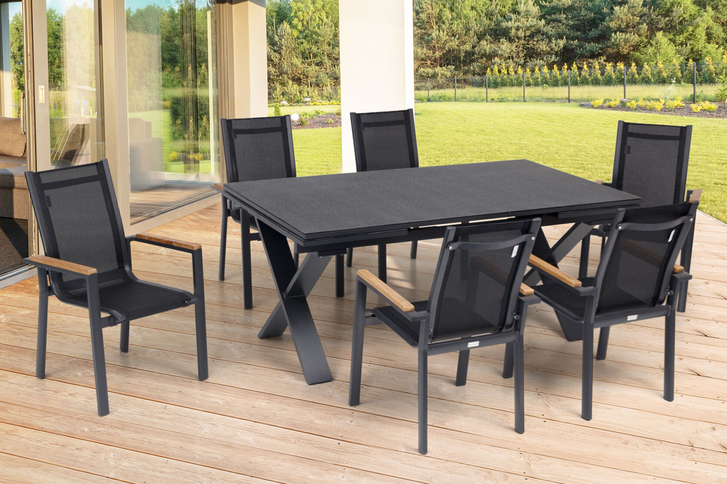 OUTFLEXX Garten-Essgruppe, OUTFLEXX® anthrazit matt, Alu / Spraystone / Teak, Tisch 180/280x100cm, 6 Stapelsessel