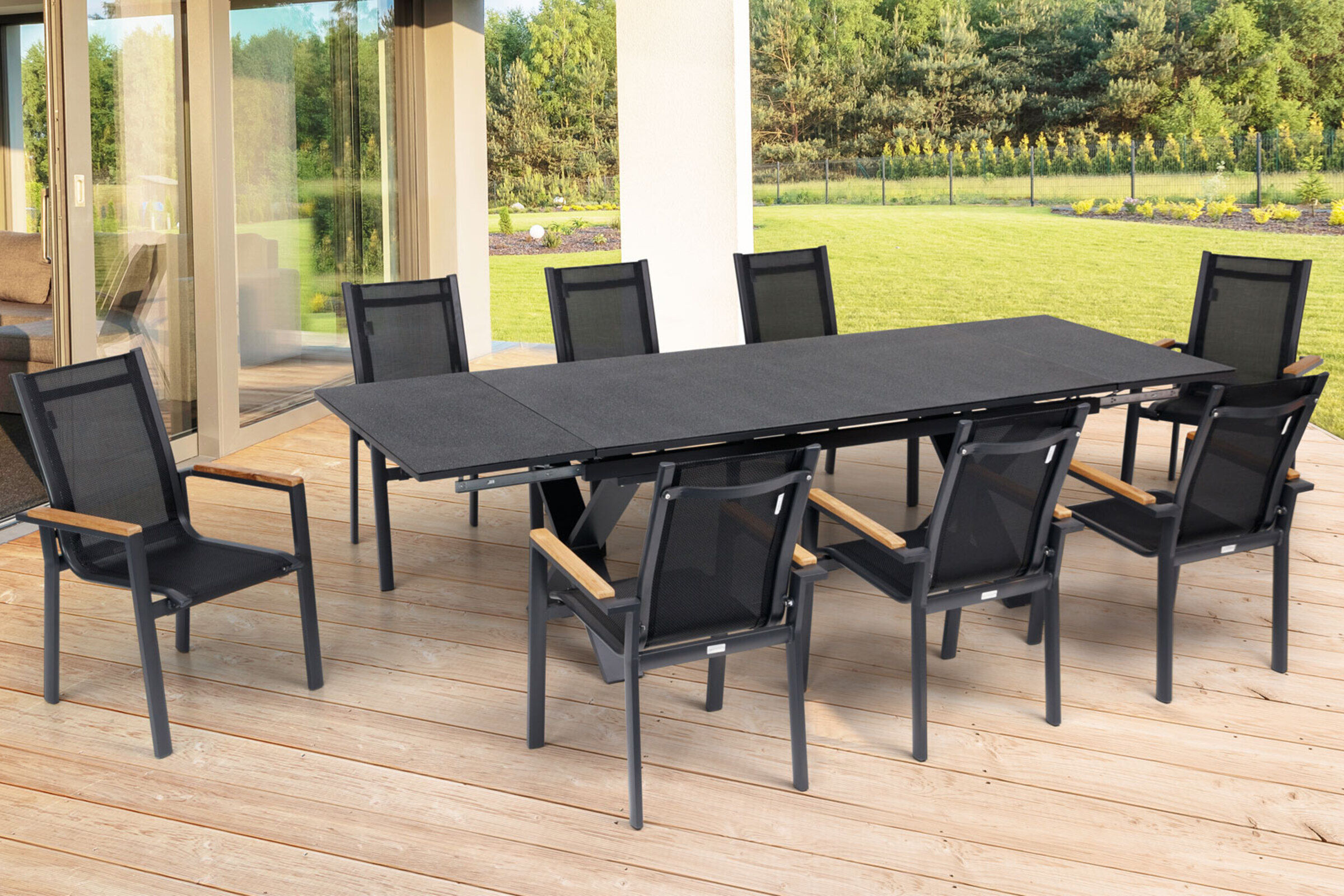 OUTFLEXX Garten-Essgruppe, OUTFLEXX® anthrazit matt, Alu / Spraystone / Teak, Tisch 180/280x100cm, 8 Stapelsessel