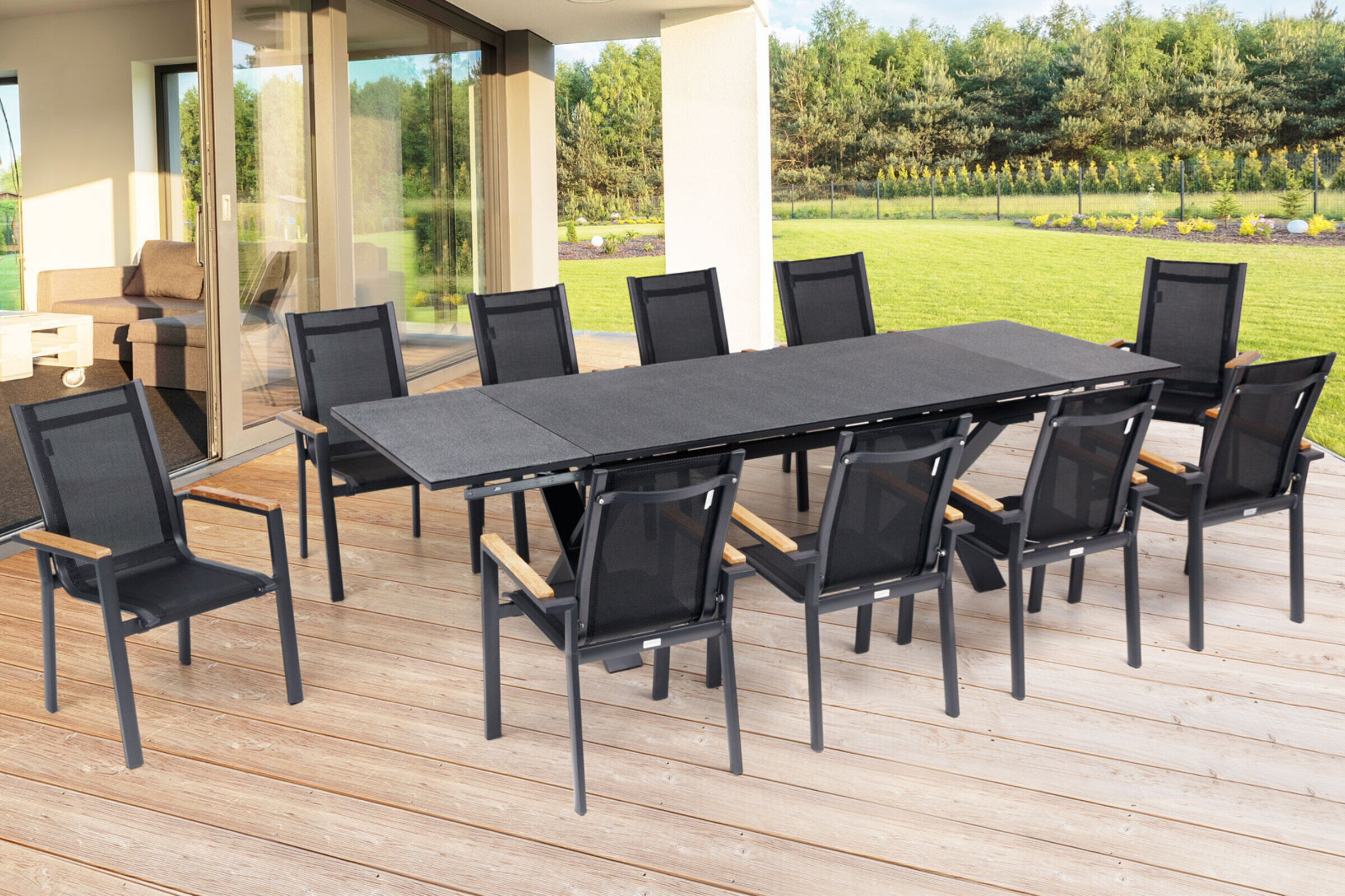 OUTFLEXX Garten-Essgruppe, OUTFLEXX® anthrazit matt, Alu / Spraystone / Teak, Tisch 180/280x100cm, 10 Stapelsessel