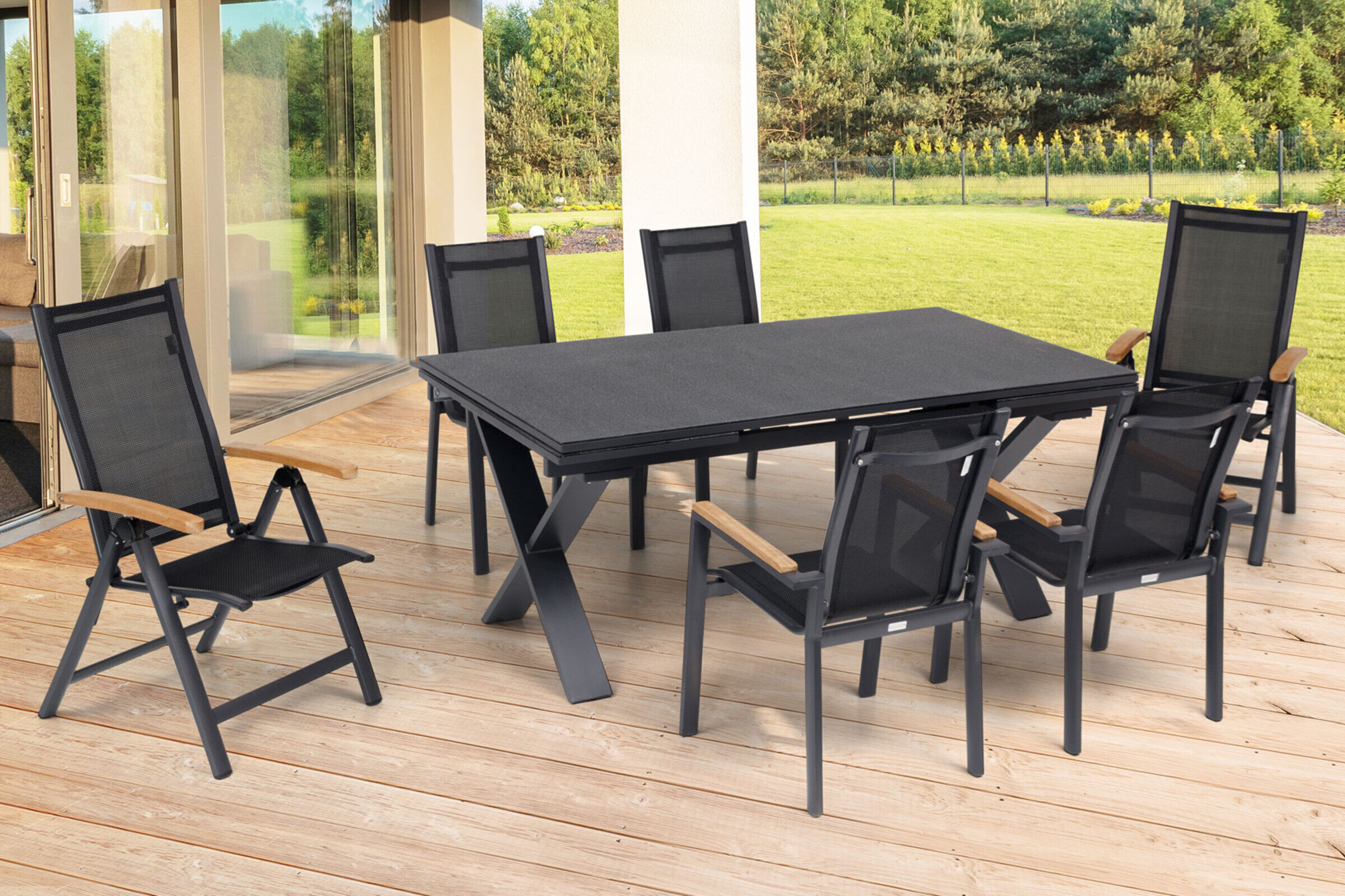 OUTFLEXX Garten-Essgruppe, OUTFLEXX® anthrazit matt, Alu / Spraystone / Teak, Tisch 180/280 x 100 cm, 4 Stapelsessel, 2 Multipositionssessel