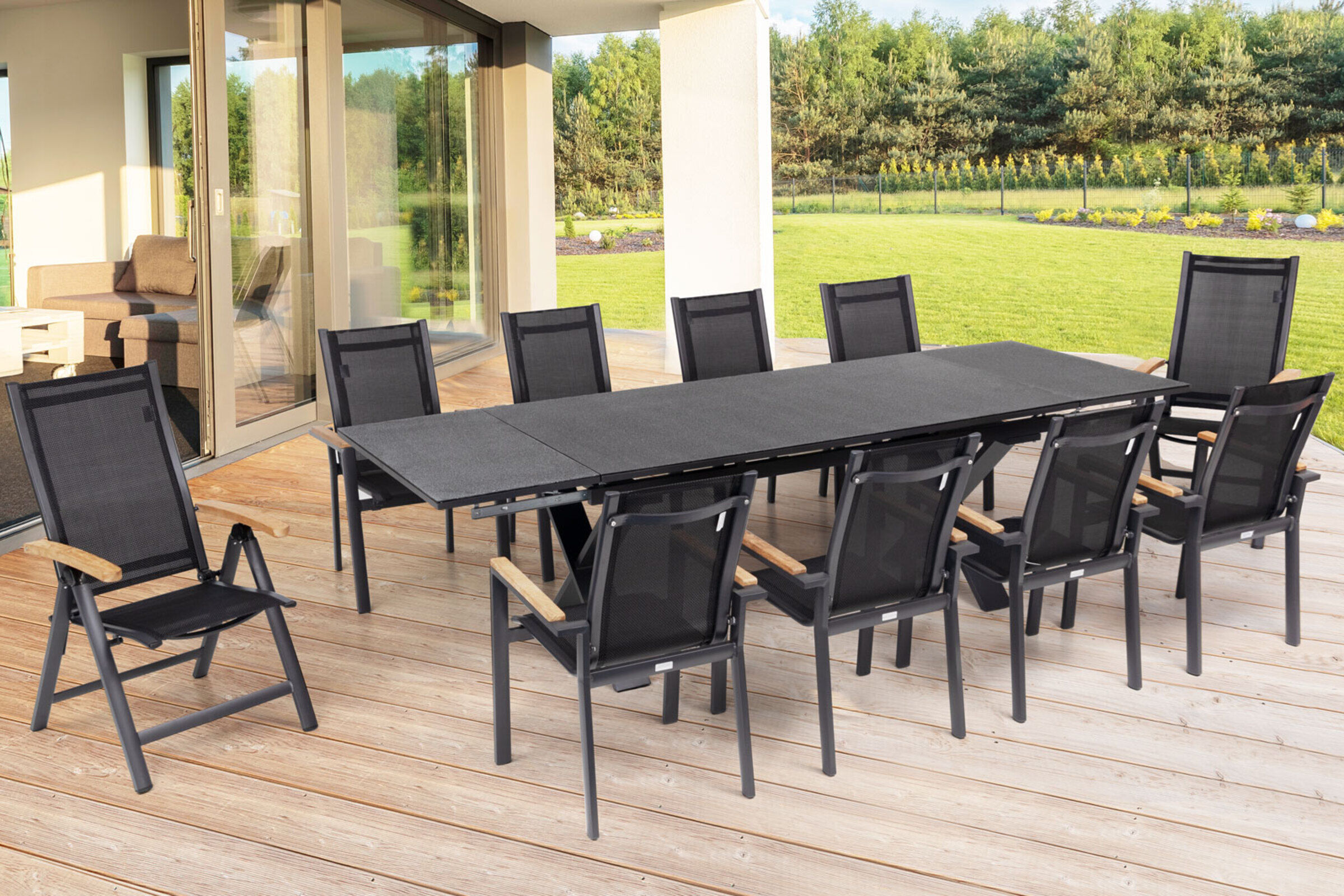 OUTFLEXX Garten-Essgruppe, OUTFLEXX® anthrazit matt, Alu / Spraystone / Teak, Tisch 180/280 x 100 cm, 8 Stapelsessel, 2 Multipositionssessel