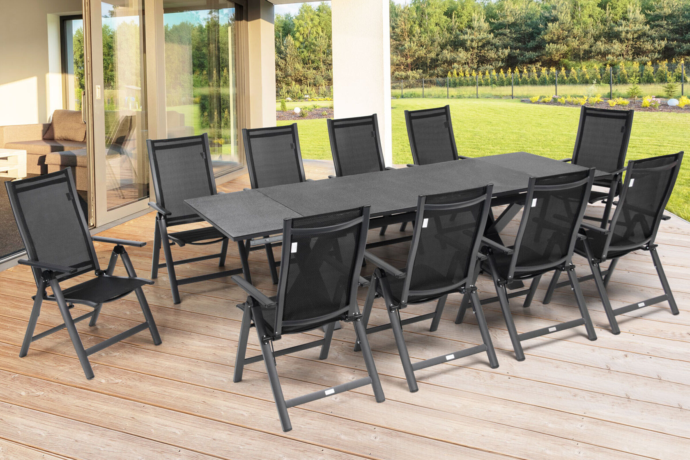 OUTFLEXX Garten-Essgruppe, OUTFLEXX® anthrazit matt, Alu / Spraystone / Textil, Tisch 180/280x100cm, 10 Multipositionssessel