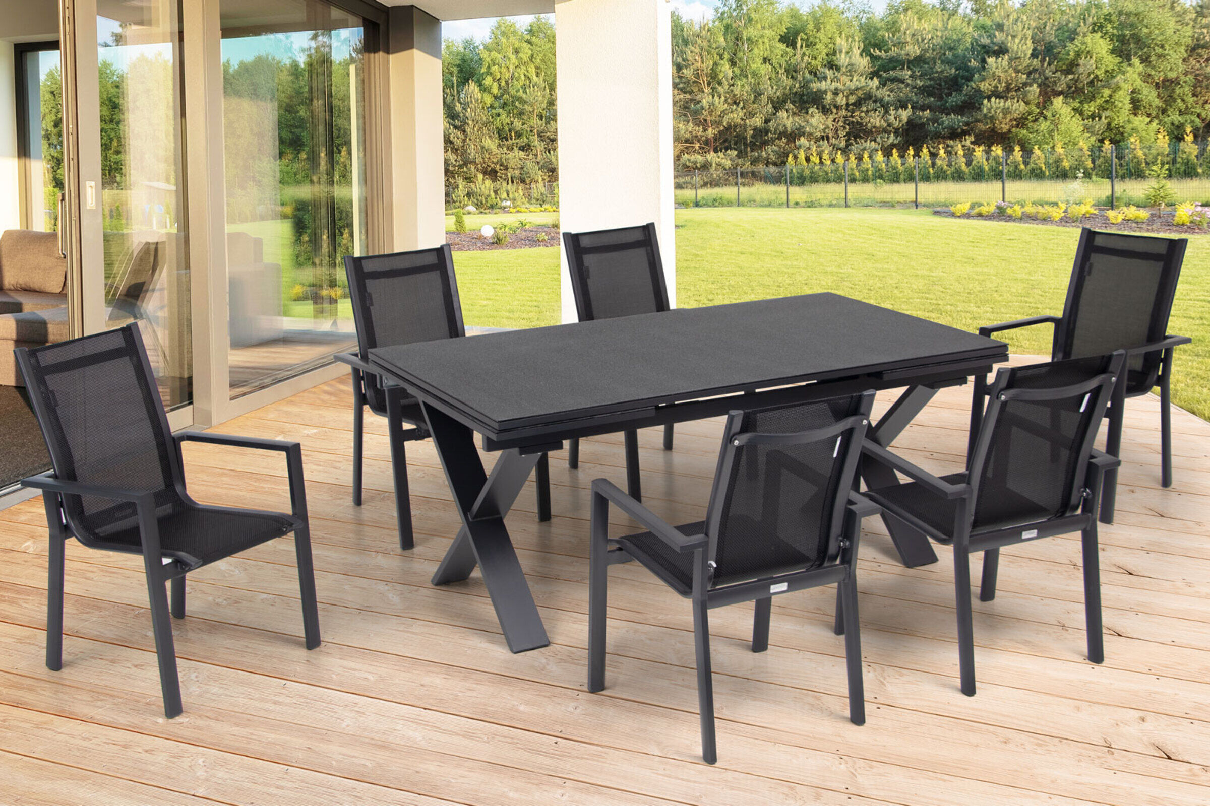 OUTFLEXX Garten-Essgruppe, OUTFLEXX® anthrazit matt, Alu / Spraystone / Textil, Tisch 180/280x100cm, 6 Stapelsessel