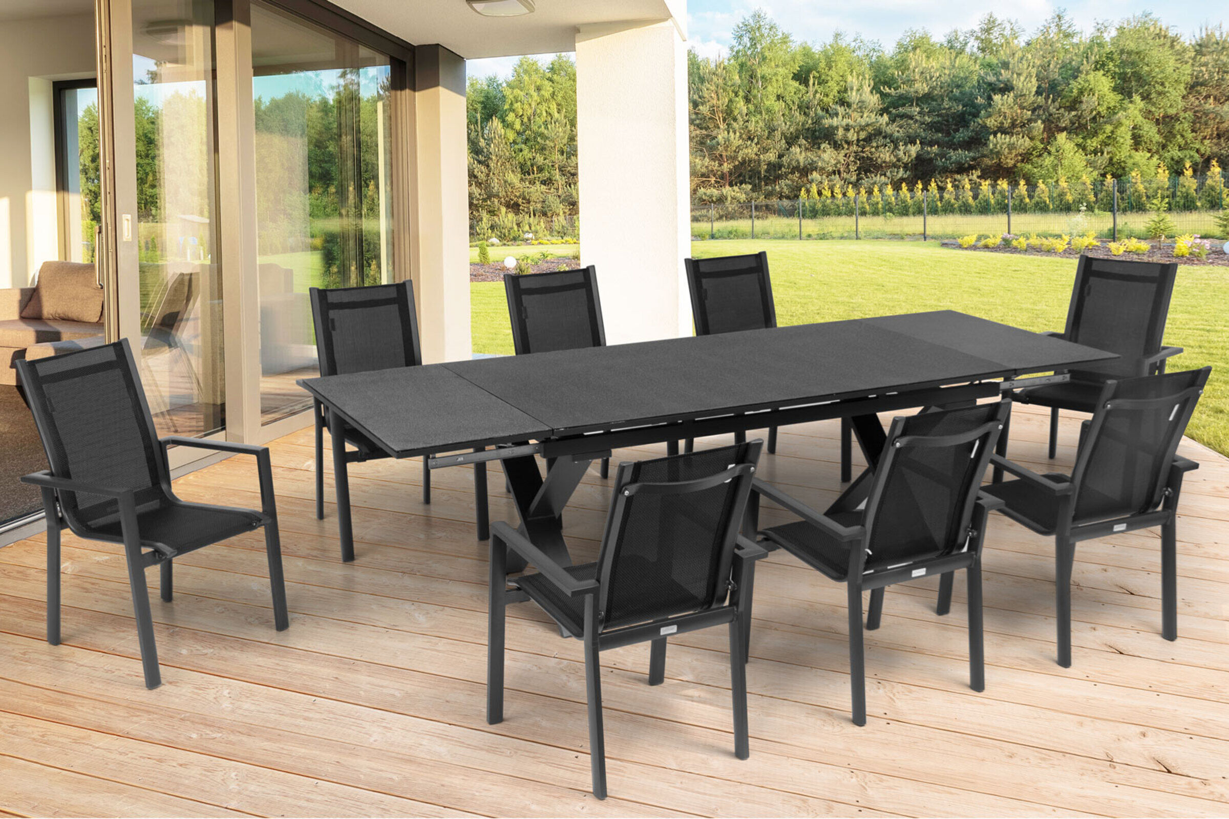 OUTFLEXX Garten-Essgruppe, OUTFLEXX® anthrazit matt, Alu / Spraystone / Textil, Tisch 180/280x100cm, 8 Stapelsessel