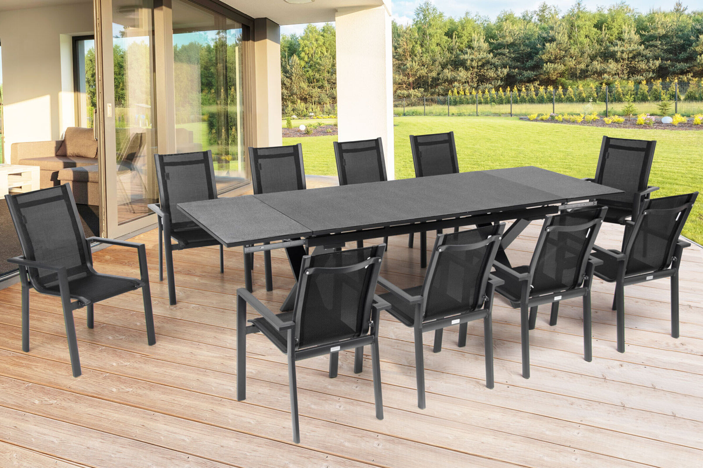 OUTFLEXX Garten-Essgruppe, OUTFLEXX® anthrazit matt, Alu / Spraystone / Textil, Tisch 180/280x100cm, 10 Stapelsessel