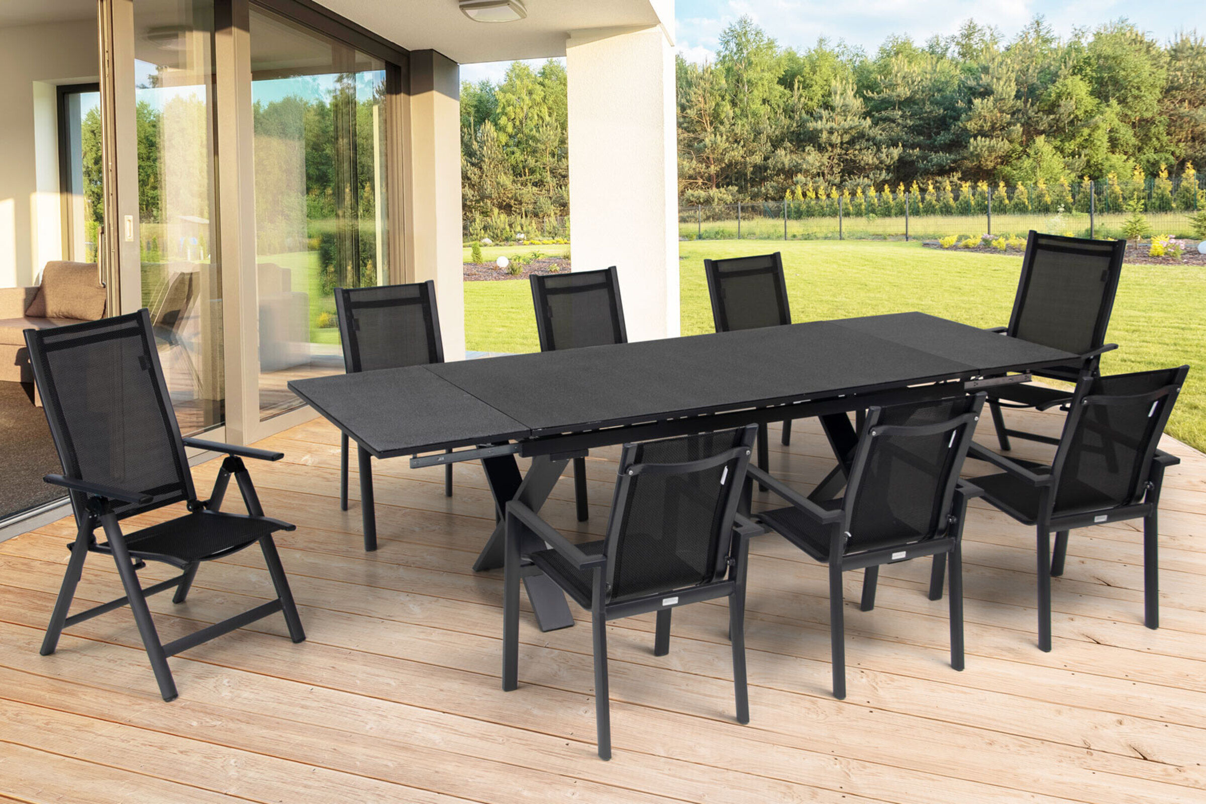 OUTFLEXX Garten-Essgruppe, OUTFLEXX® anthrazit matt, Alu / Spraystone / Textil, Tisch 180/280 x 100 cm, 6 Stapelsessel, 2 Multipositionssessel