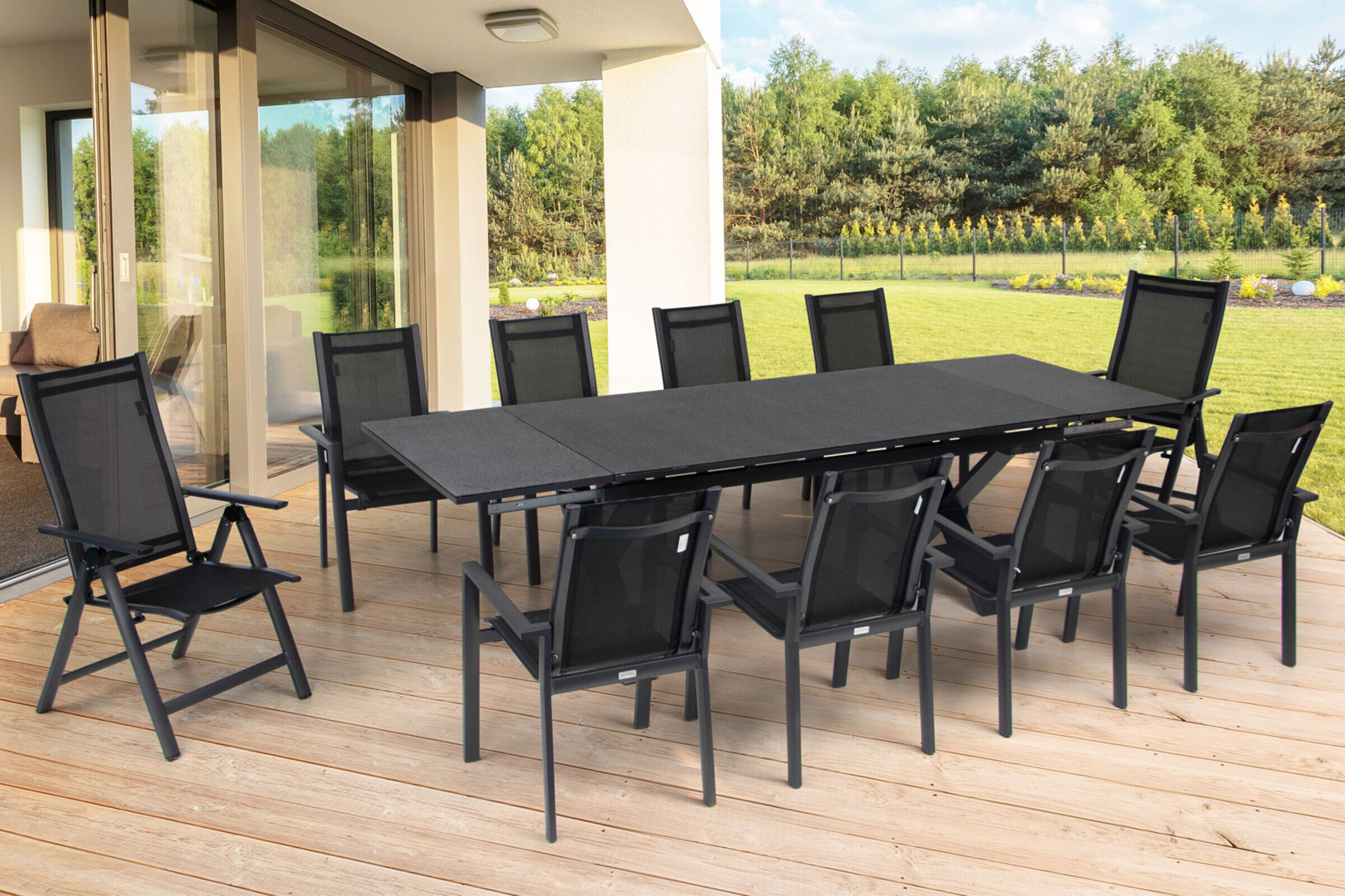 OUTFLEXX Garten-Essgruppe, OUTFLEXX® anthrazit matt, Alu / Spraystone / Textil, Tisch 180/280 x 100 cm, 8 Stapelsessel, 2 Multipositionssessel