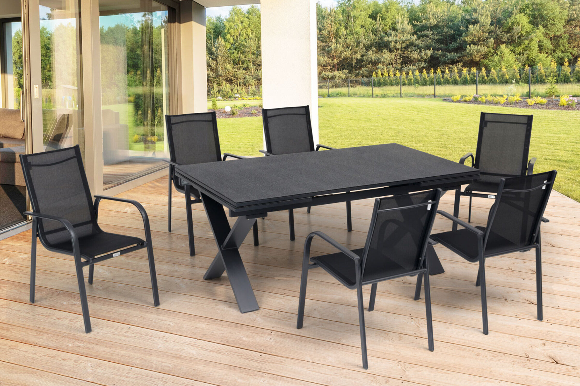 OUTFLEXX Garten-Essgruppe, OUTFLEXX® anthrazit matt, Alu / Spraystone / Textil, Tisch 180/280x100cm, 6 Sessel, stapelbar