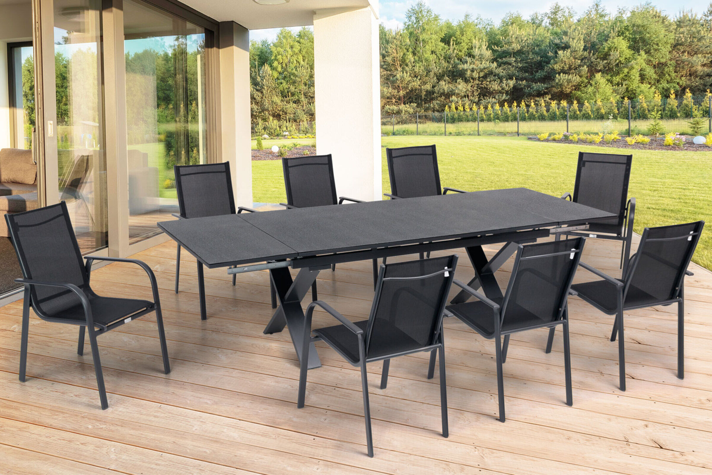 OUTFLEXX Garten-Essgruppe, OUTFLEXX® anthrazit matt, Alu / Spraystone / Textil, Tisch 180/280x100cm, 8 Sessel, stapelbar