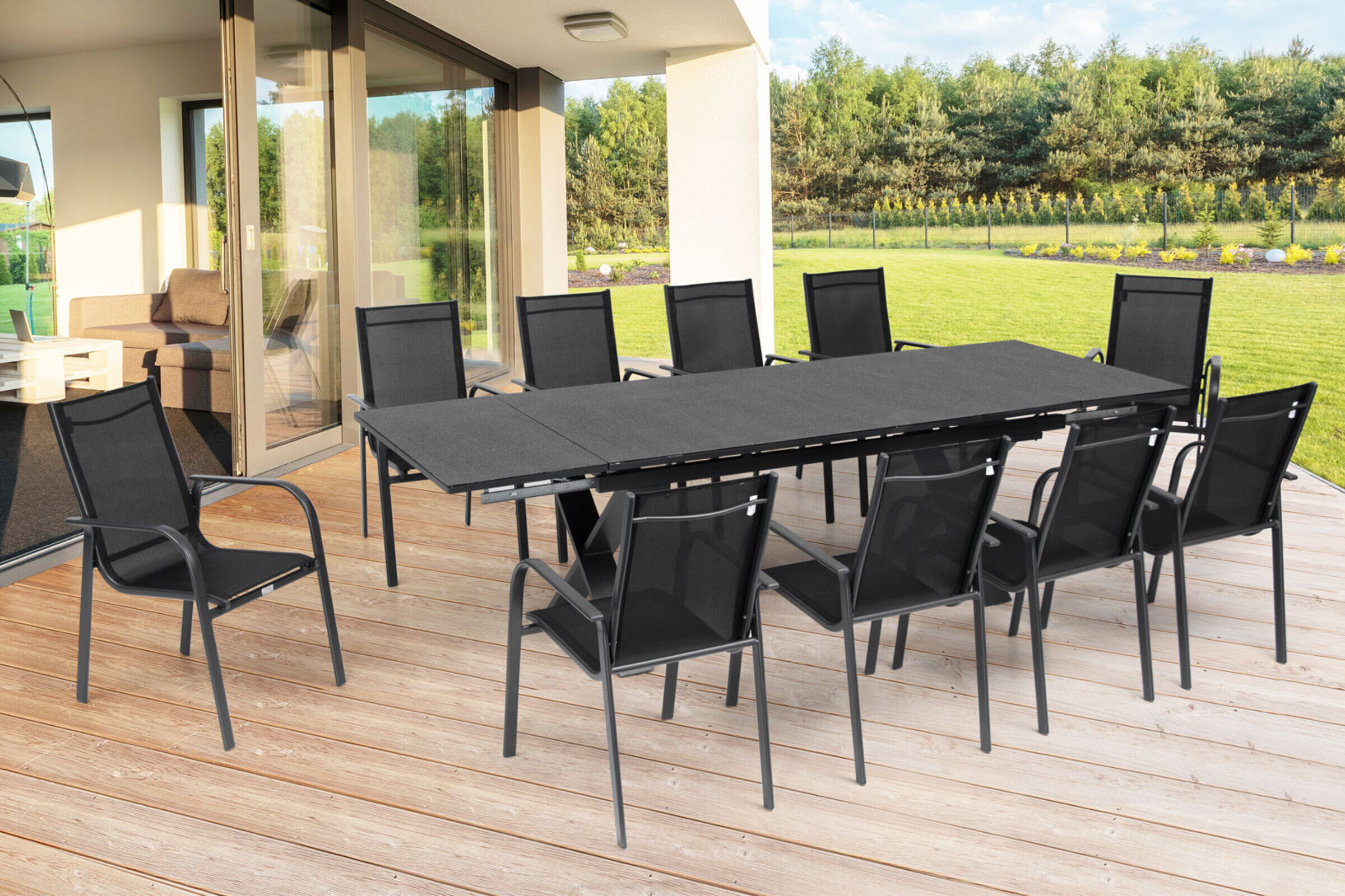 OUTFLEXX Garten-Essgruppe, OUTFLEXX® anthrazit matt, Alu / Spraystone / Textil, Tisch 180/280x100cm, 10 Sessel, stapelbar