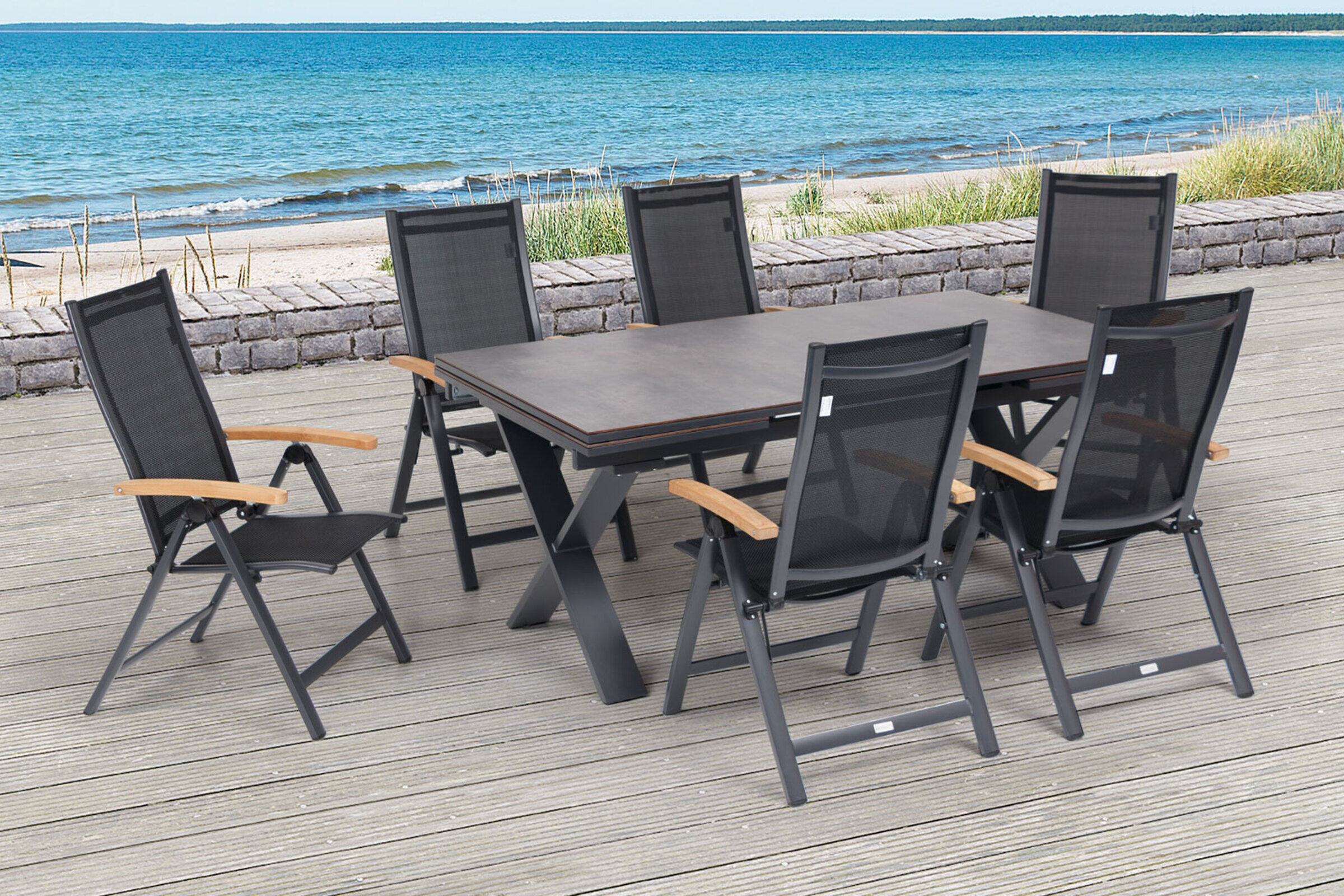 OUTFLEXX Garten-Essgruppe, OUTFLEXX® anthrazit matt, Alu /HPL / Teak, Tisch 180/280x100cm, 6 Multipositionssessel