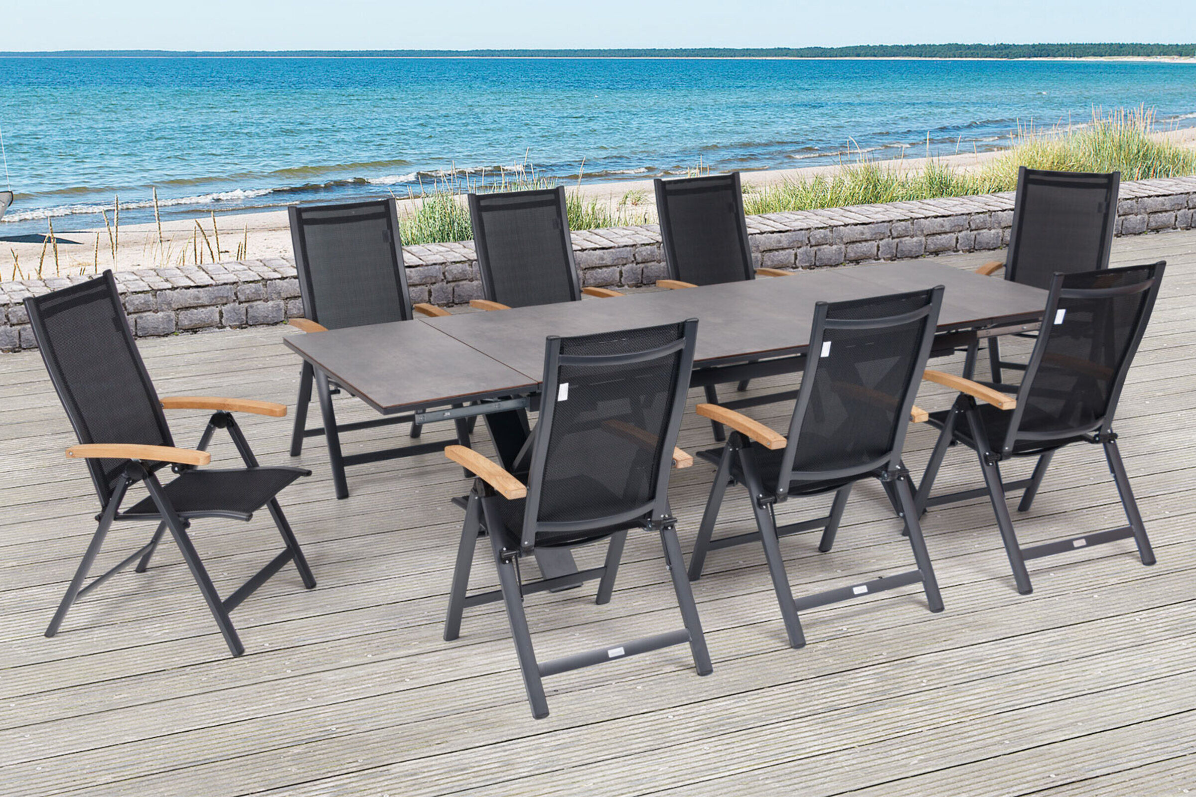 OUTFLEXX Garten-Essgruppe, OUTFLEXX® anthrazit matt, Alu /HPL / Teak, Tisch 180/280x100cm, 8 Multipositionssessel