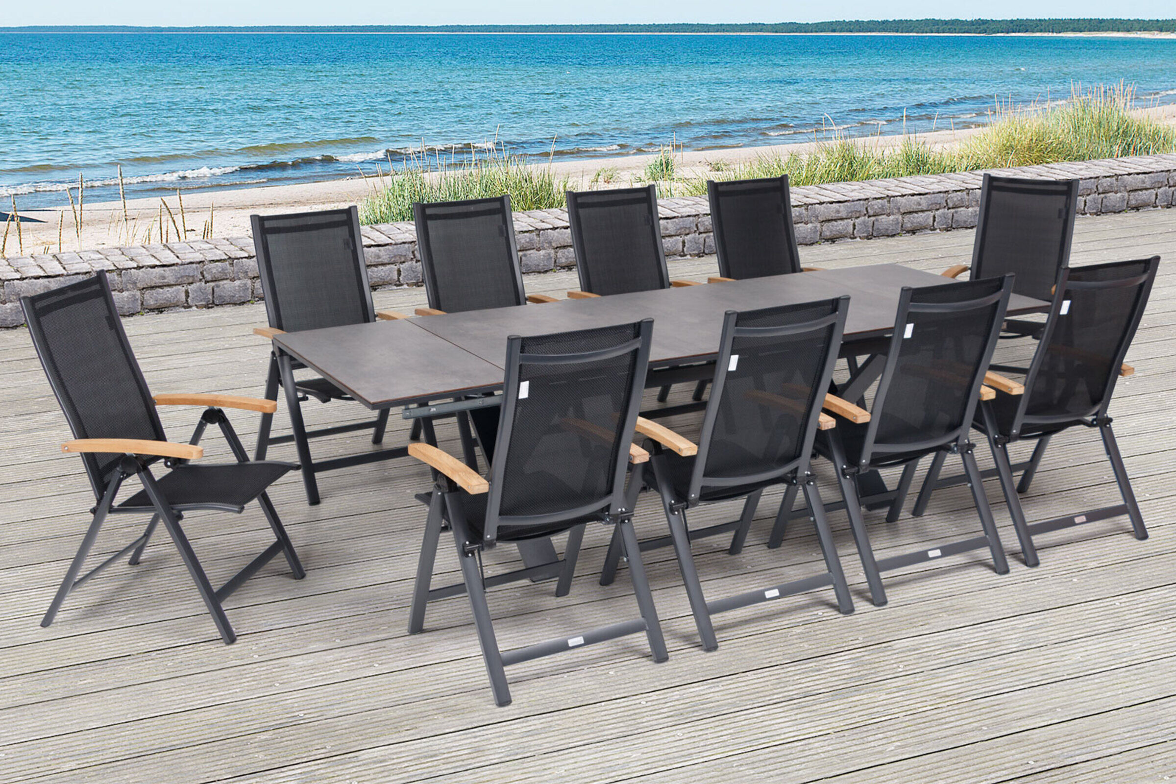 OUTFLEXX Garten-Essgruppe, OUTFLEXX® anthrazit matt, Alu /HPL / Teak, Tisch 180/280x100cm, 10 Multipositionssessel