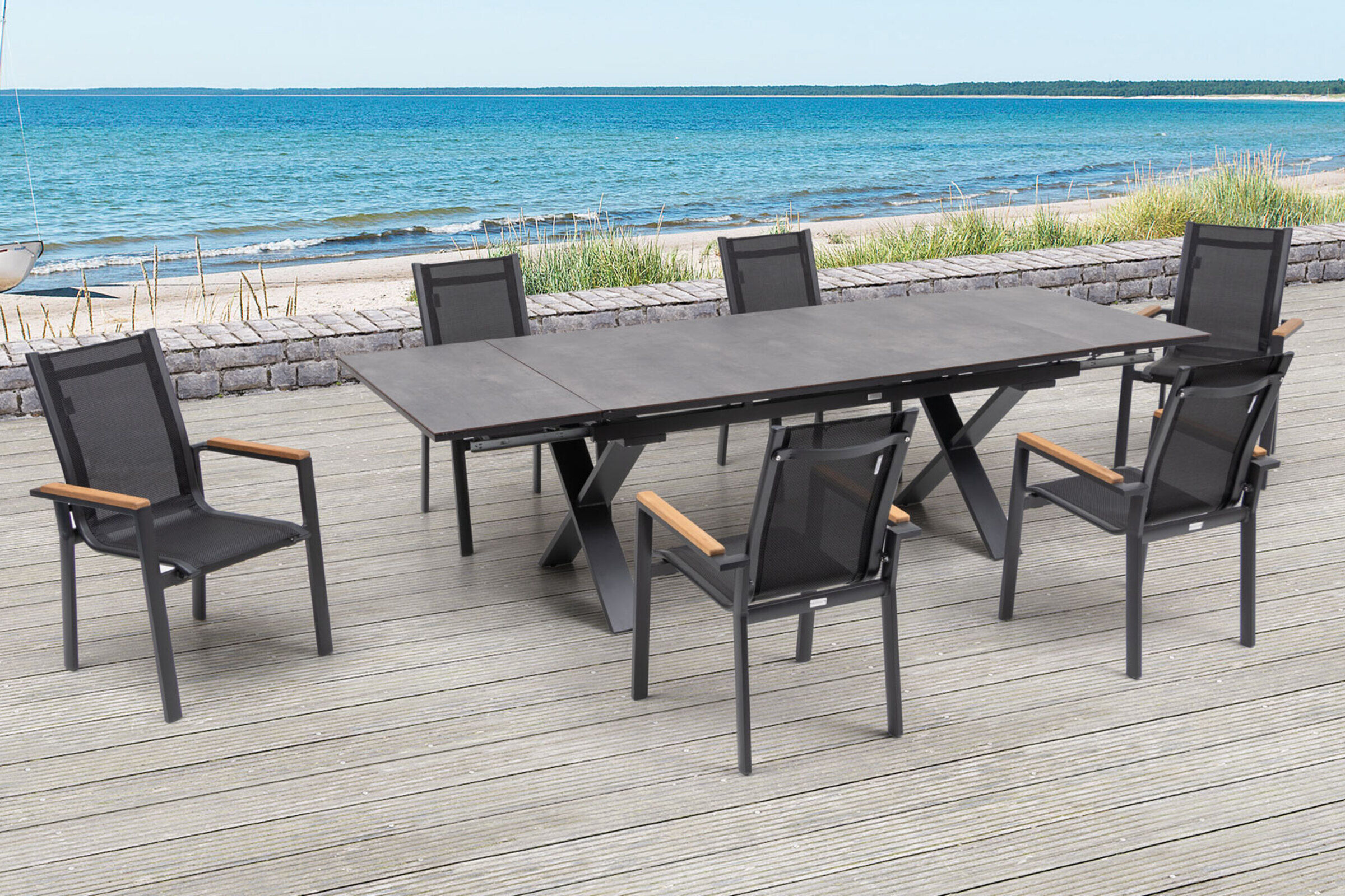 OUTFLEXX Garten-Essgruppe, OUTFLEXX® anthrazit matt, Alu /HPL / Teak, Tisch 180/280x100cm, 6 Stapelsessel