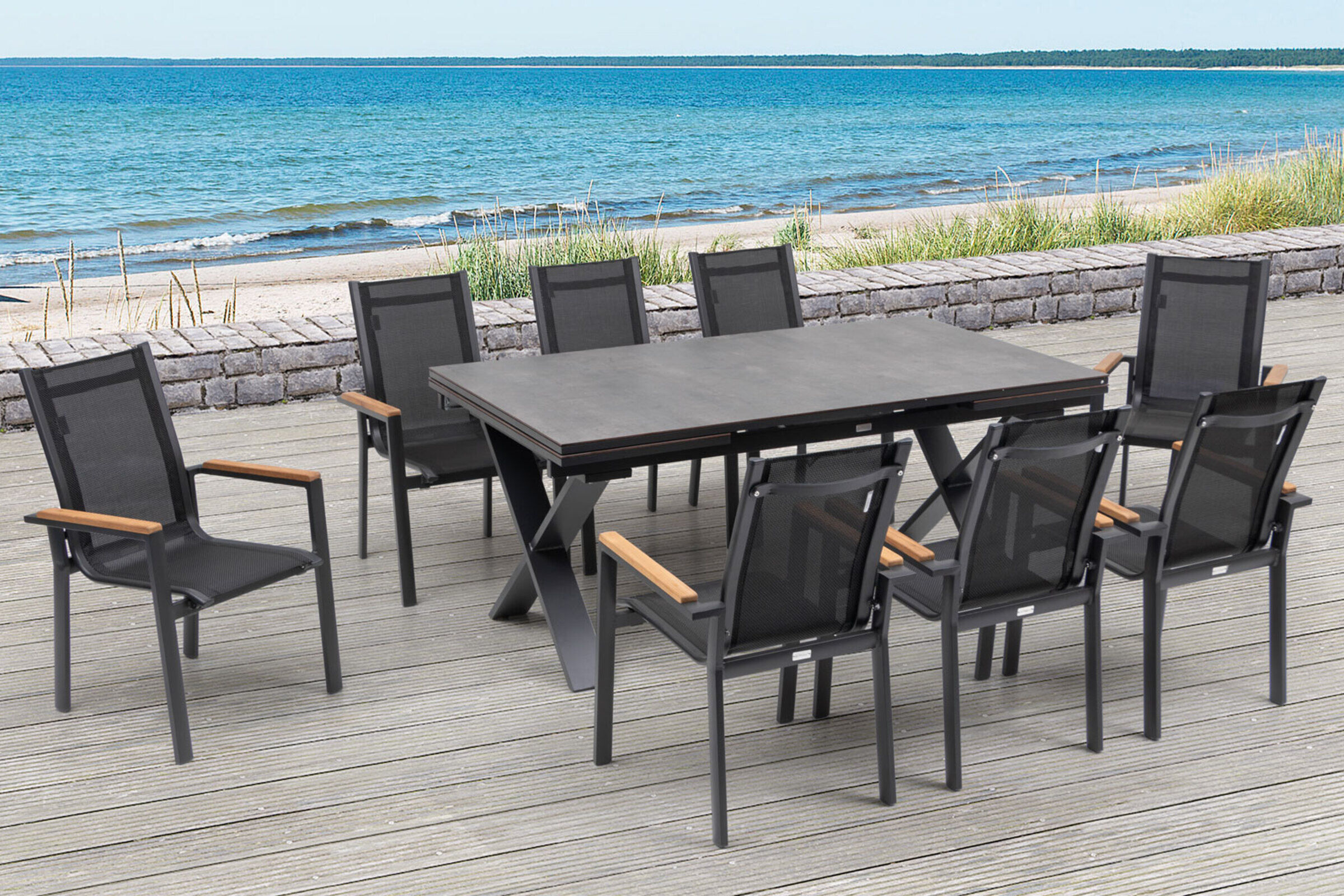 OUTFLEXX Garten-Essgruppe, OUTFLEXX® anthrazit matt, Alu /HPL / Teak, Tisch 180/280x100cm, 8 Stapelsessel