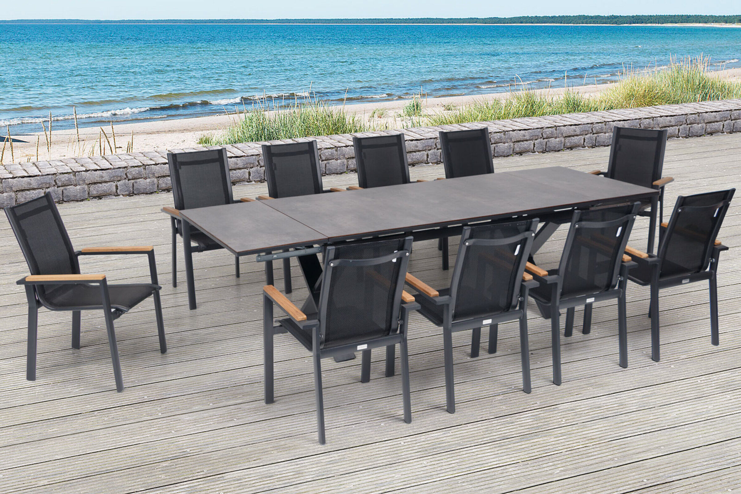 OUTFLEXX Garten-Essgruppe, OUTFLEXX® anthrazit matt, Alu /HPL / Teak, Tisch 180/280x100cm, 10 Stapelsessel