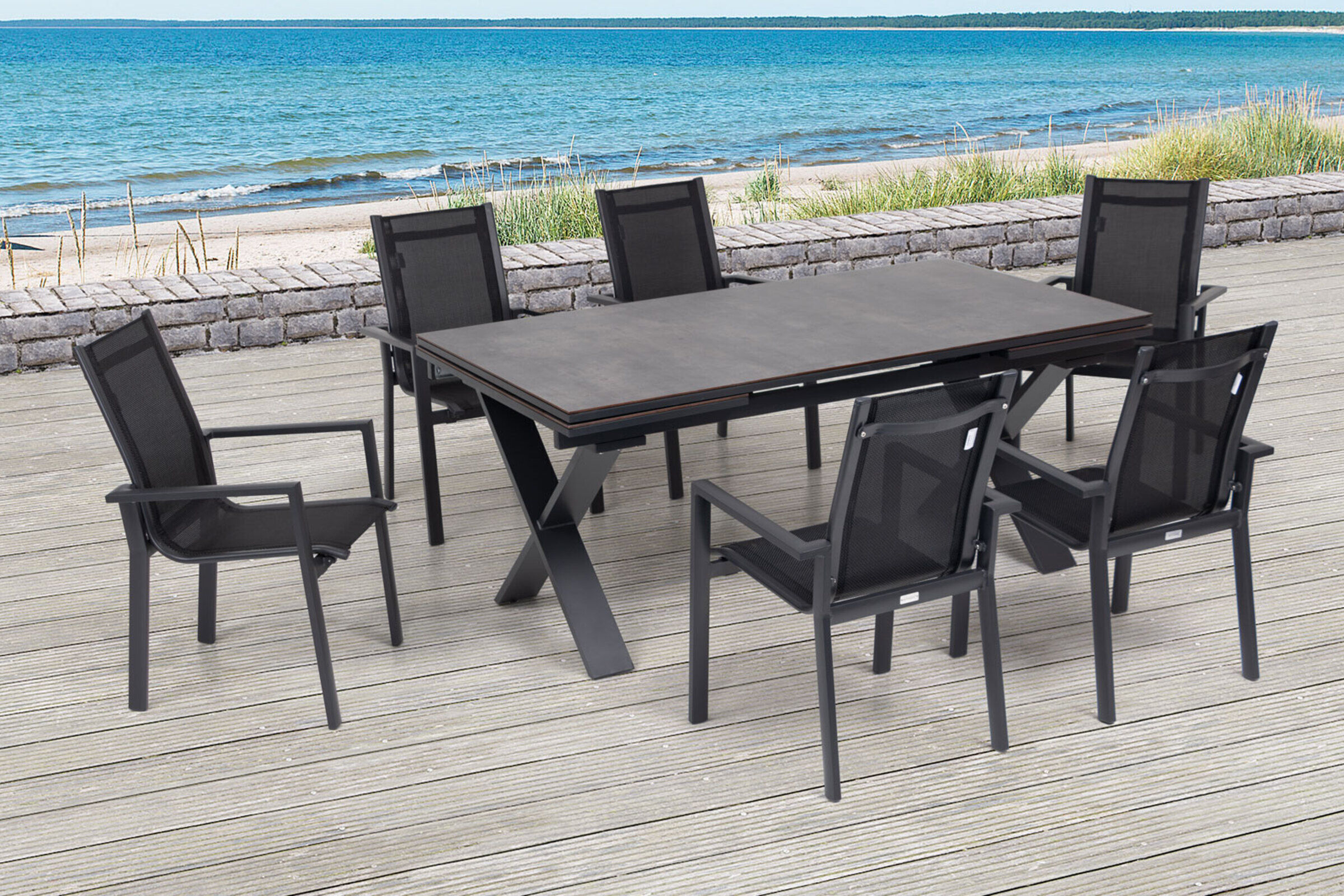 OUTFLEXX Garten-Essgruppe, OUTFLEXX® anthrazit matt, Alu / HPL / Textil, Tisch 180/280x100cm, 6 Stapelsessel