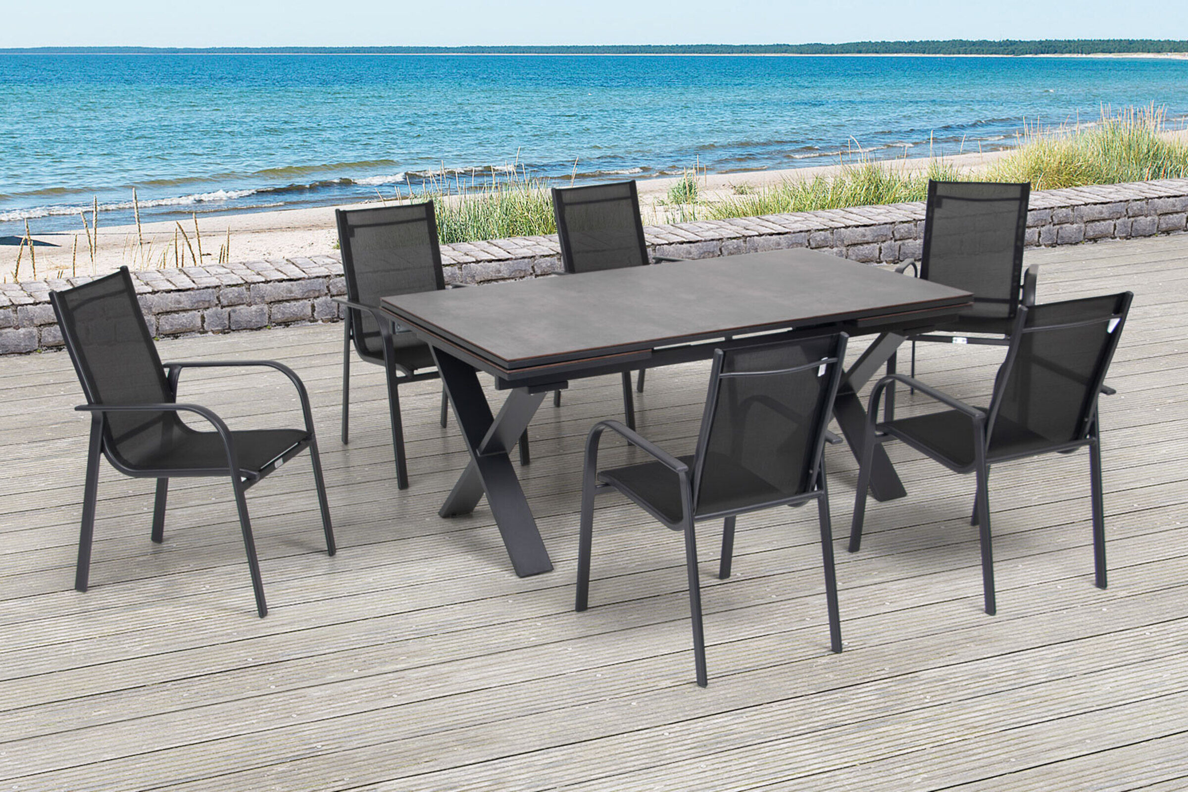 OUTFLEXX Garten-Essgruppe, OUTFLEXX® anthrazit matt, Alu / HPL / Textil, Tisch 180/280x100cm, 6 Sessel, stapelbar