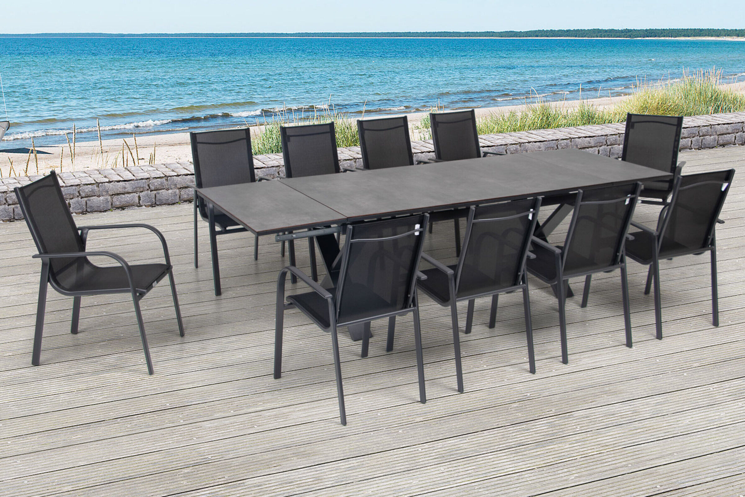 OUTFLEXX Garten-Essgruppe, OUTFLEXX® anthrazit matt, Alu / HPL / Textil, Tisch 180/280x100cm, 10 Sessel, stapelbar