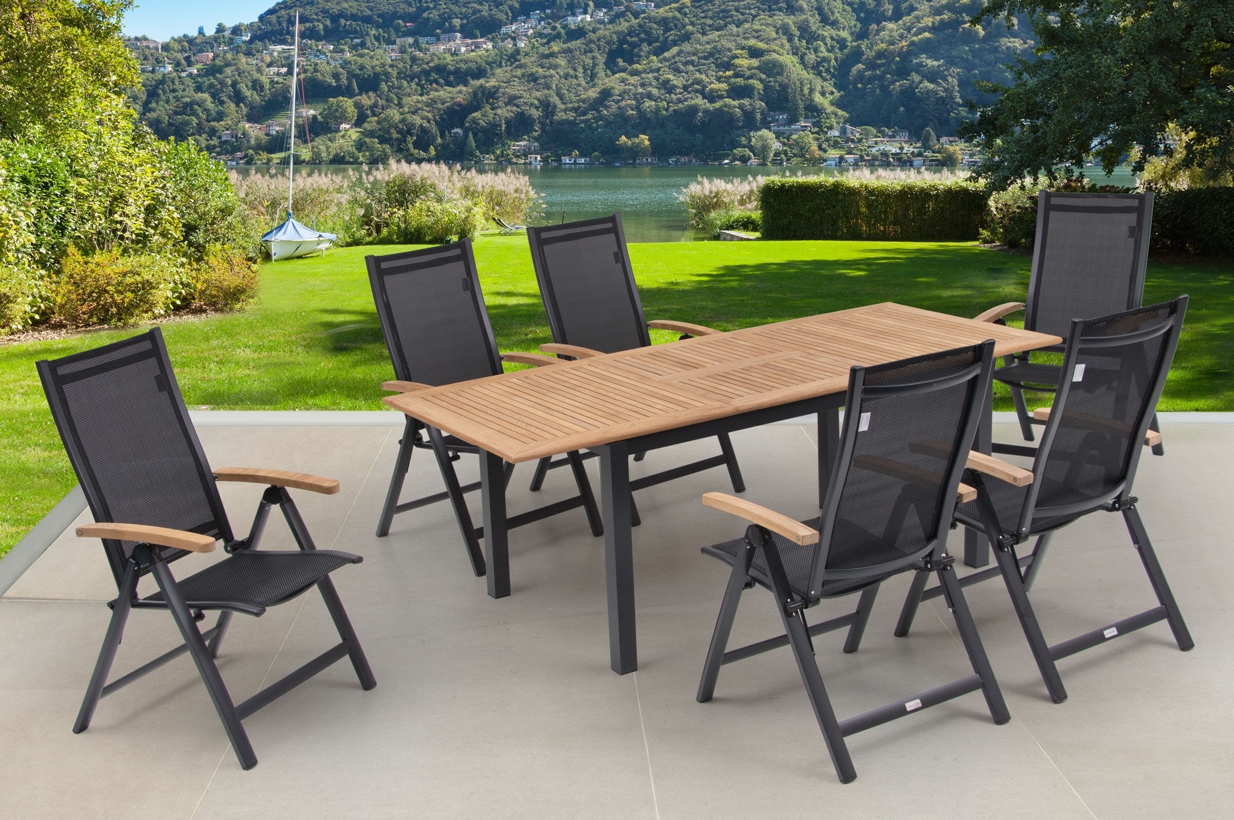 OUTFLEXX Garten-Essgruppe, OUTFLEXX® anthrazit matt, Alu / Teak / Textil, Tisch 150/210x90cm, 6 Multipositionssessel