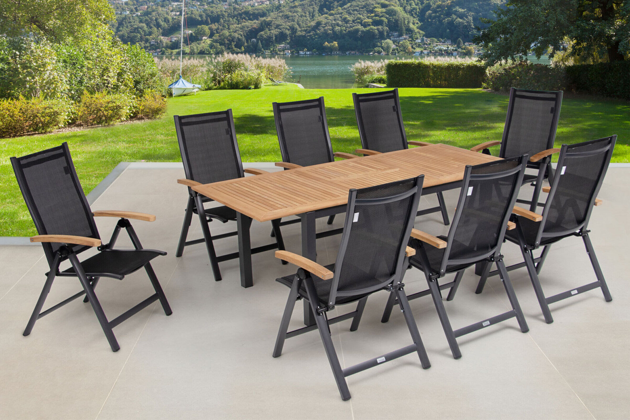 OUTFLEXX Garten-Essgruppe, OUTFLEXX® anthrazit matt, Alu / Teak / Textil, Tisch 150/210x90cm, 8 Multipositionssessel