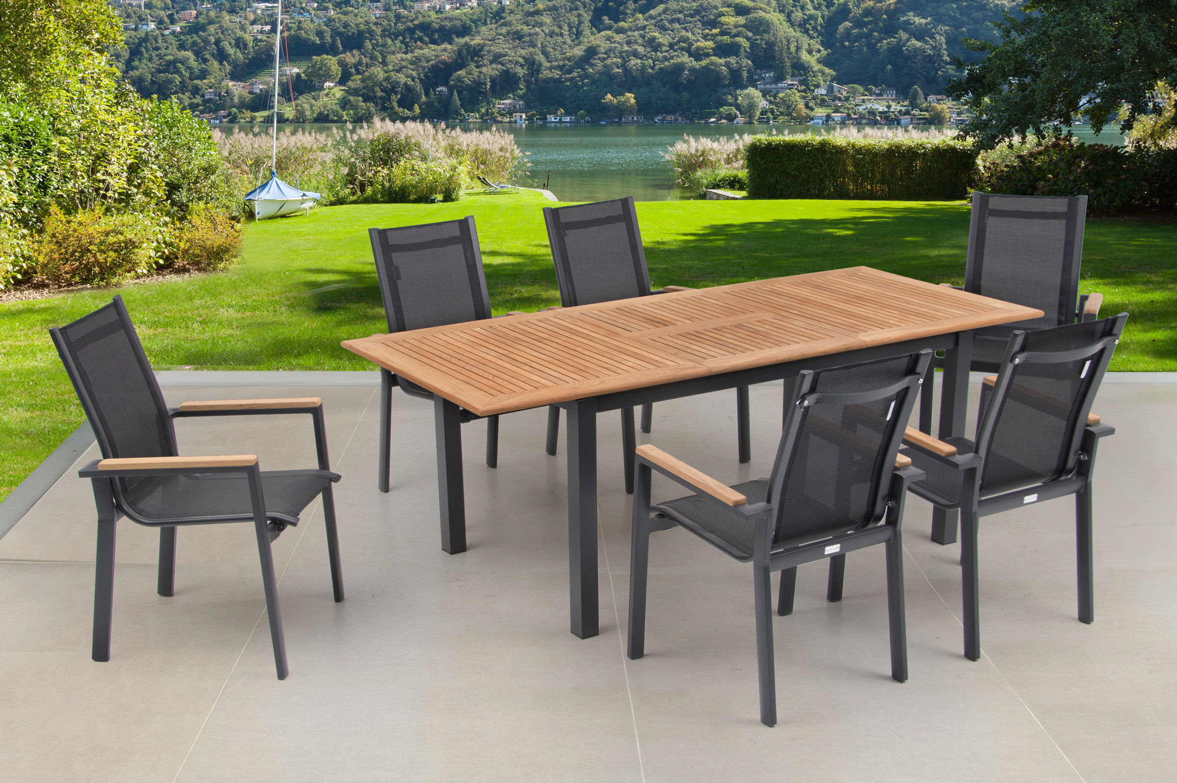 OUTFLEXX Garten-Essgruppe, OUTFLEXX® anthrazit matt, Alu / Teak / Textil, Tisch 150/210x90cm, 6 Stapelsessel