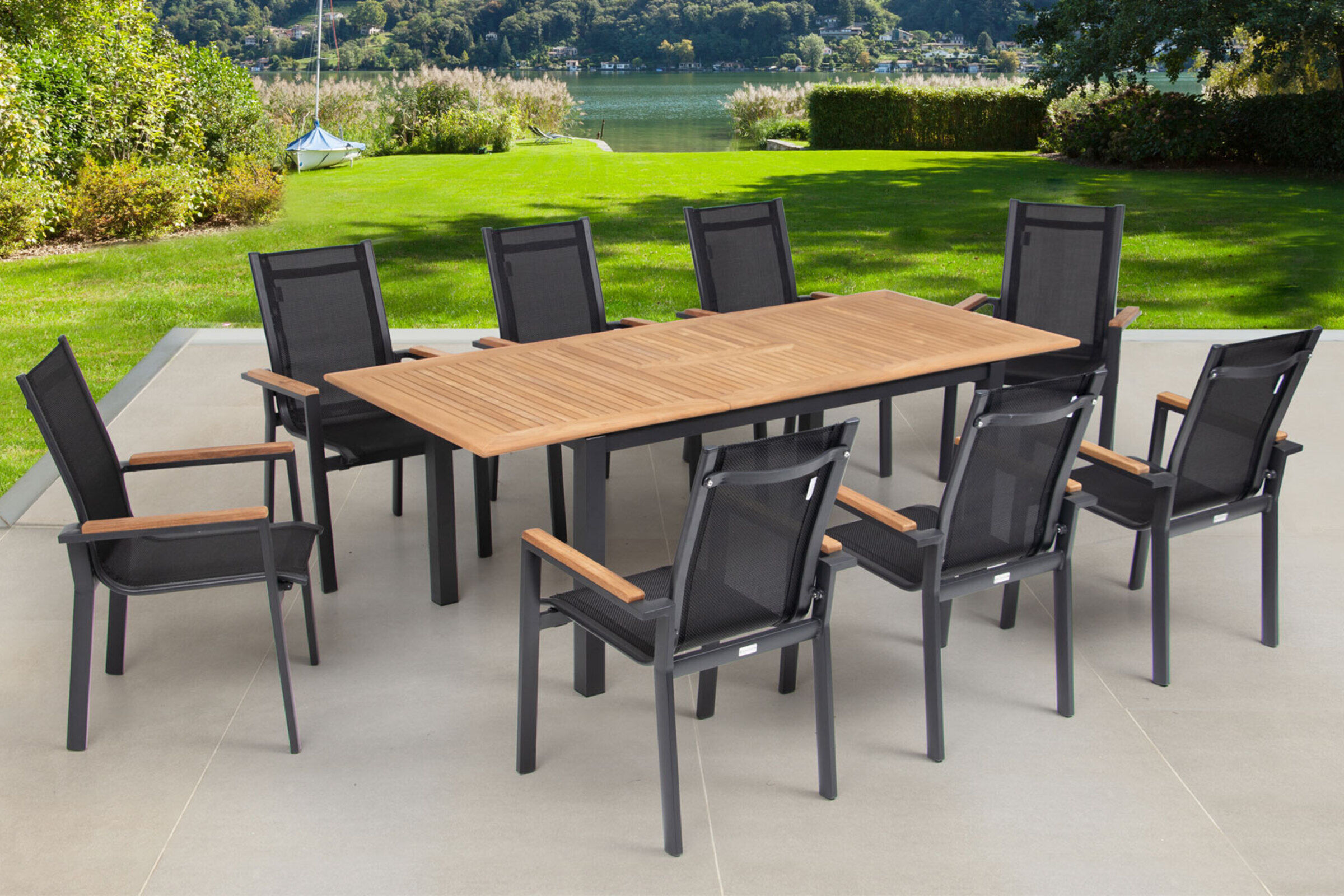 OUTFLEXX Garten-Essgruppe, OUTFLEXX® anthrazit matt, Alu / Teak / Textil, Tisch 150/210x90cm, 8 Stapelsessel