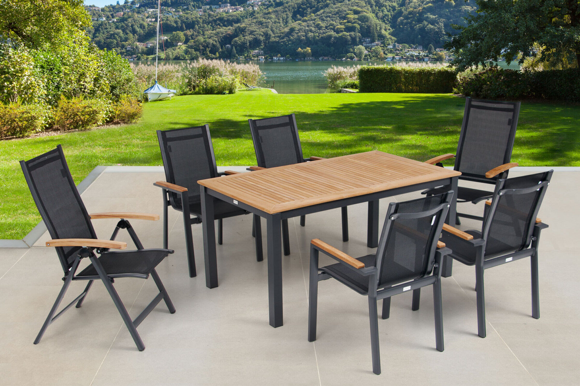 OUTFLEXX Garten-Essgruppe, OUTFLEXX® anthrazit matt, Alu / Teak / Textil, Tisch 150/210 x 90 cm, 4 Stapelsessel, 2 Multipositionssessel