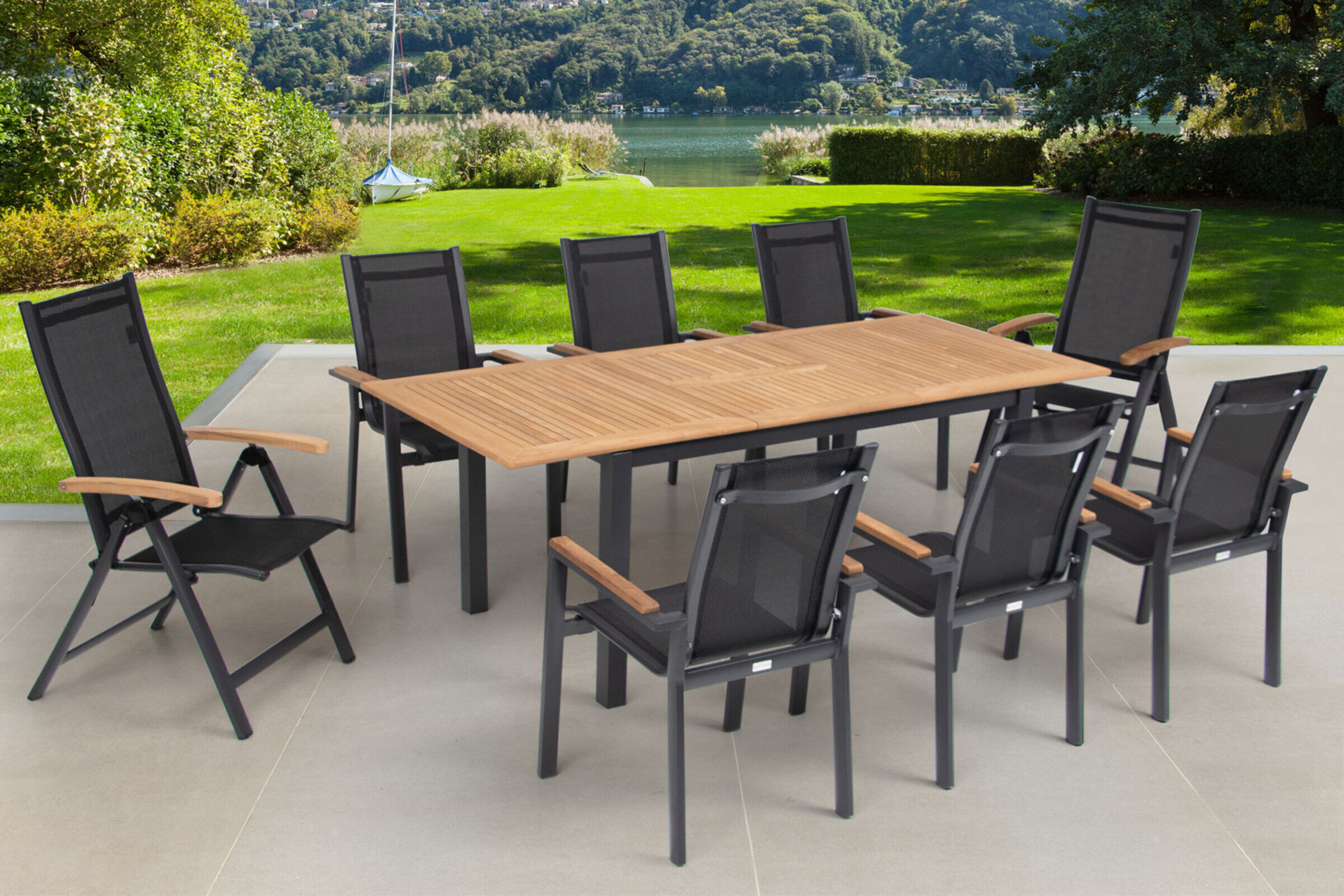 OUTFLEXX Garten-Essgruppe, OUTFLEXX® anthrazit matt, Alu / Teak / Textil, Tisch 150/210 x 90 cm, 6 Stapelsessel, 2 Multipositionssessel